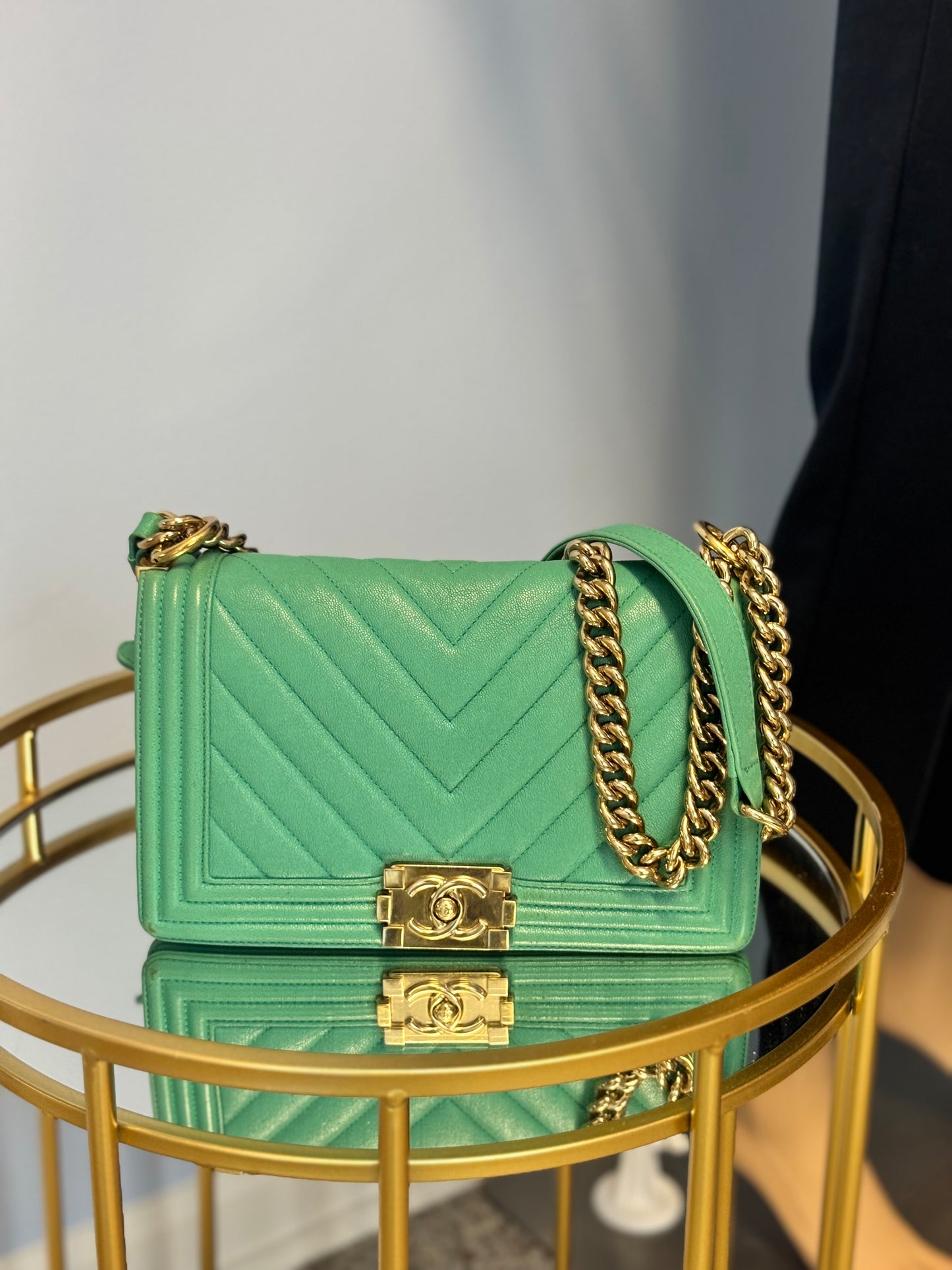 Chanel Caviar Chevron Quilted Medium Boy Flap Turquoise
