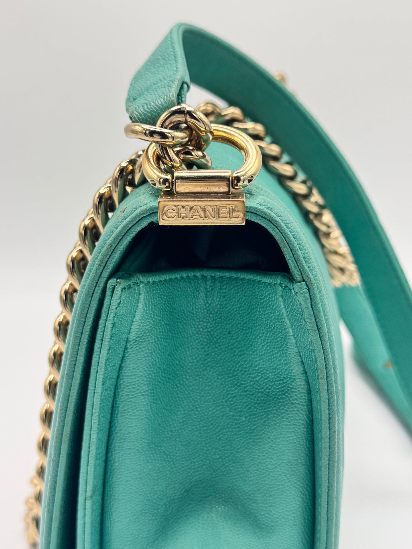 Chanel Caviar Chevron Quilted Medium Boy Flap Turquoise