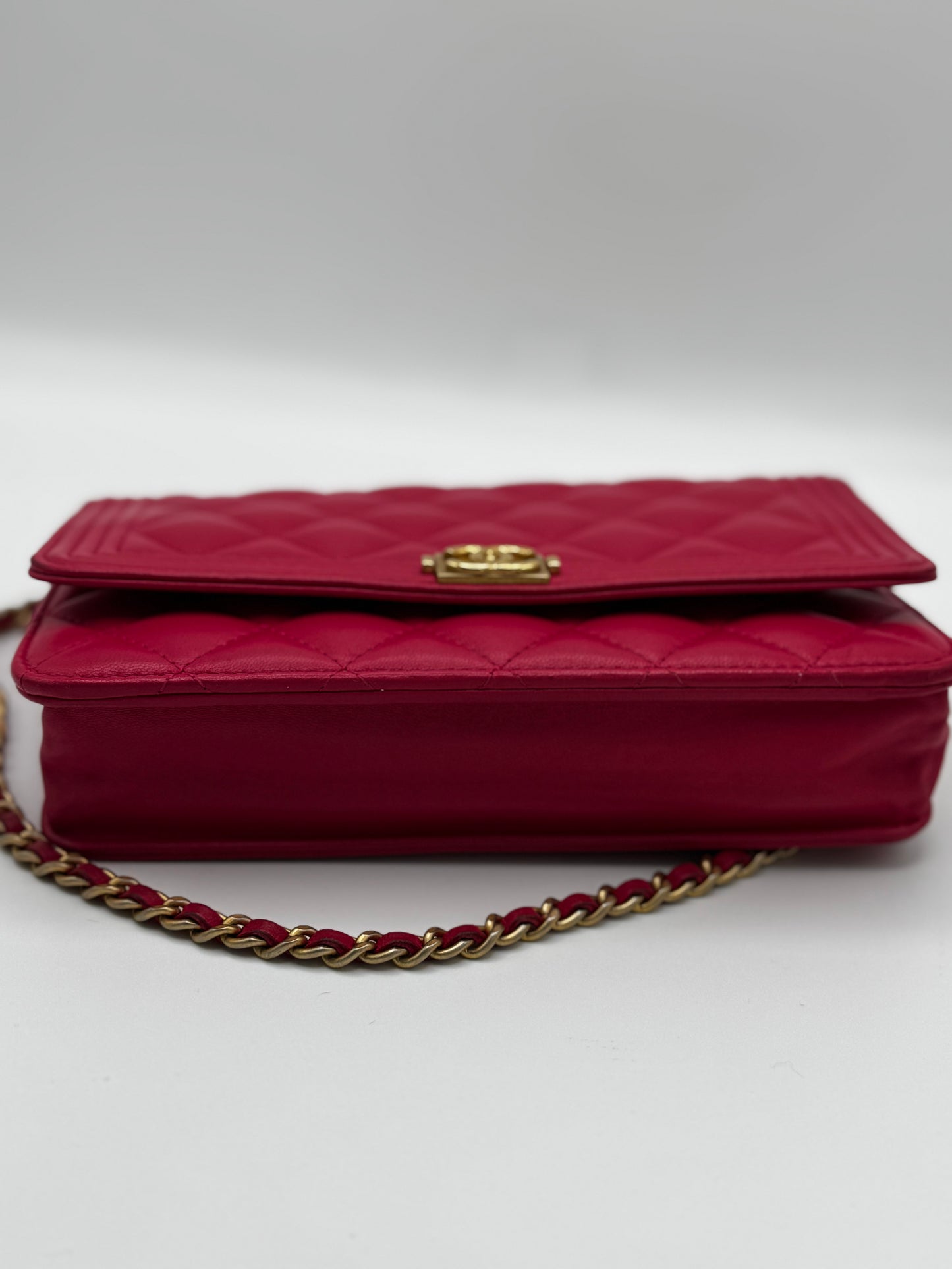 Chanel Boy Lambskin Wallet On Chain Pink Gold Metal