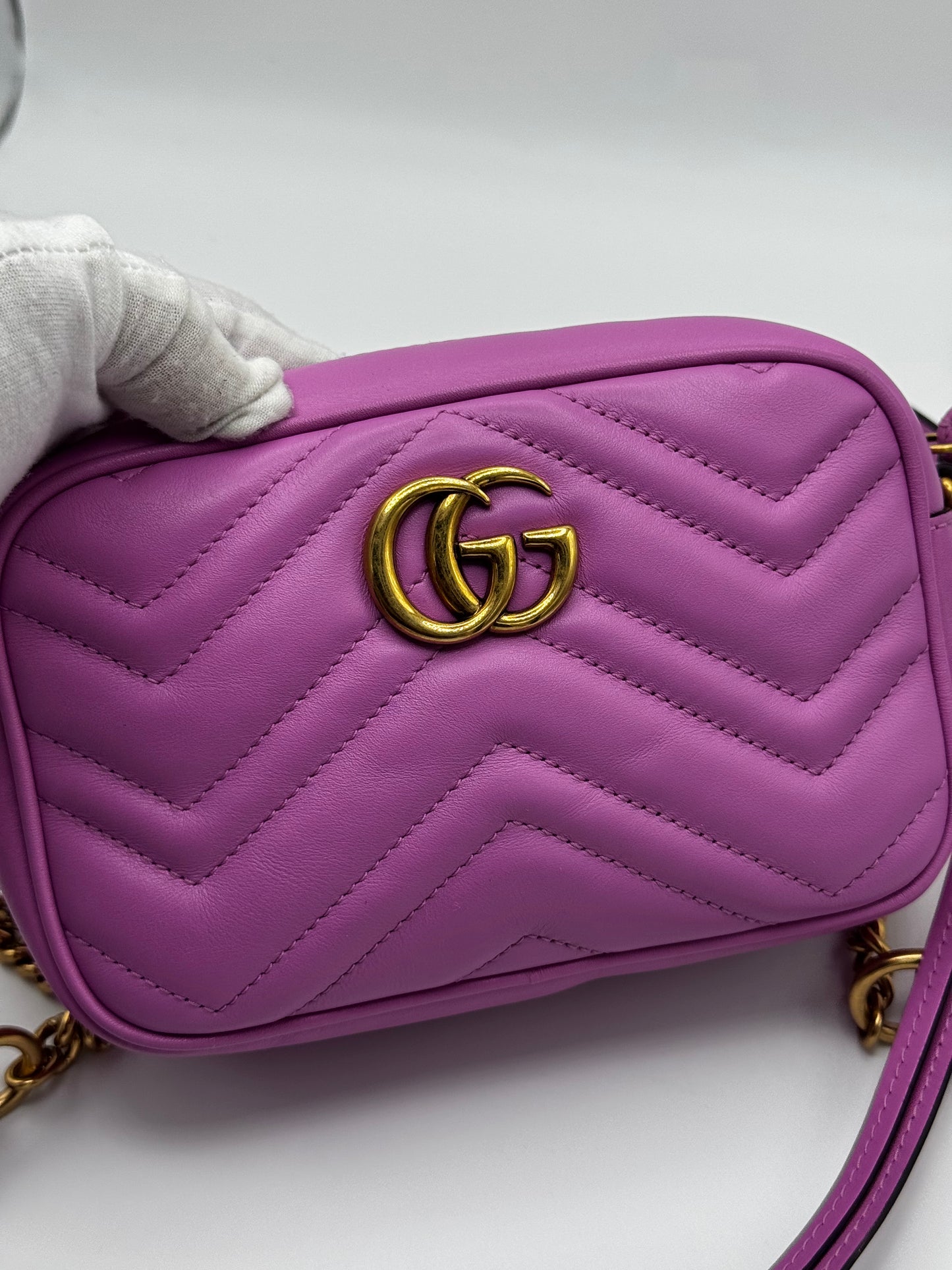 Gucci Calfskin Matelasse Mini GG Marmont Chain Shoulder Bag Candy Mousse