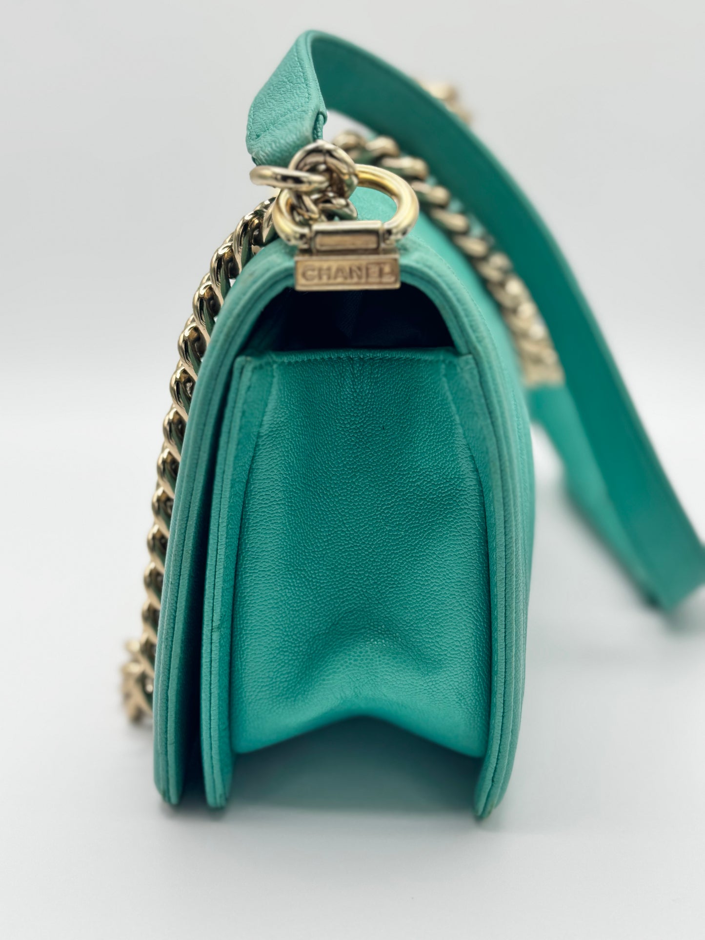 Chanel Caviar Chevron Quilted Medium Boy Flap Turquoise