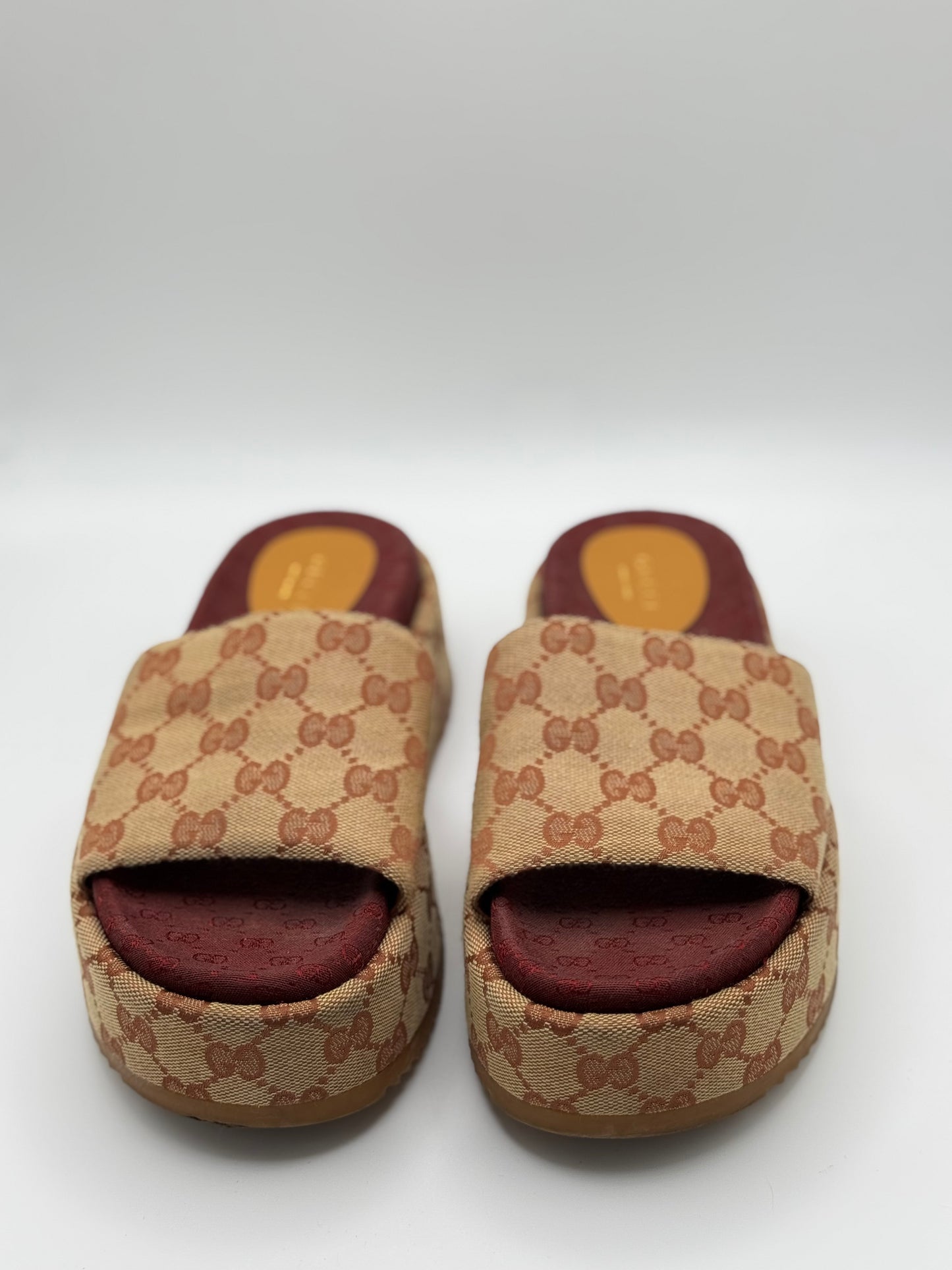 GUCCI Canvas GG Monogram Angelina Platform Slide Sandals 36 Beige Ruggine
