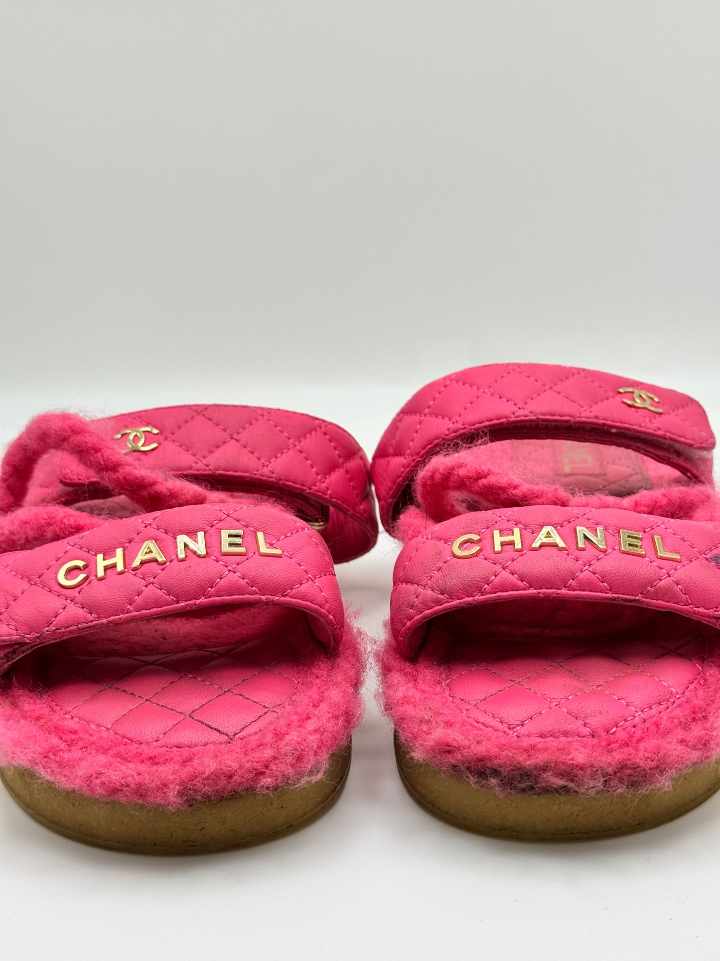 Chanel Cord Lambskin Quilted Logo Sandals 37 Pink