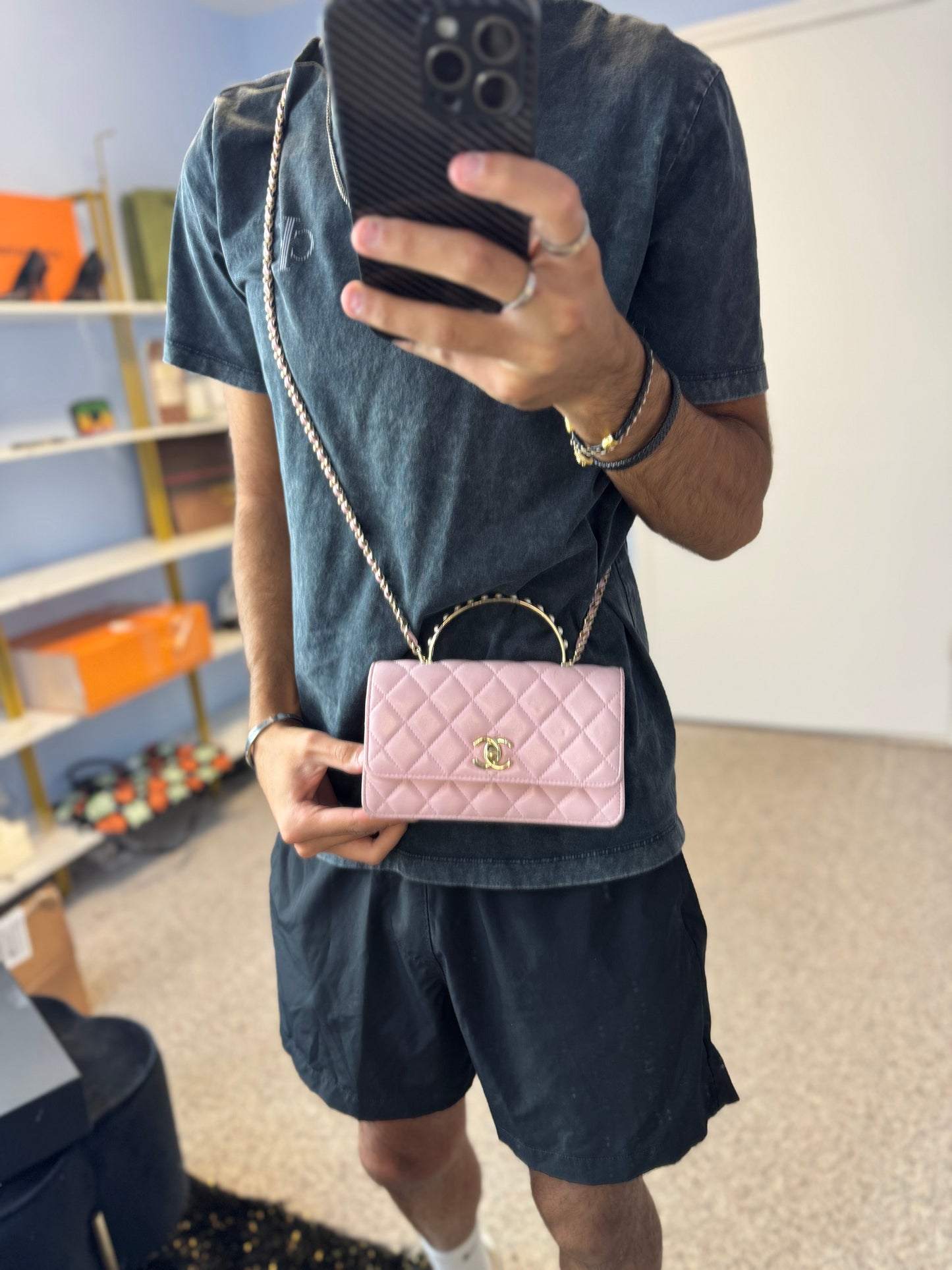 Chanel Lambskin Pearl Top Handle Wallet On Chain WOC Light Pink