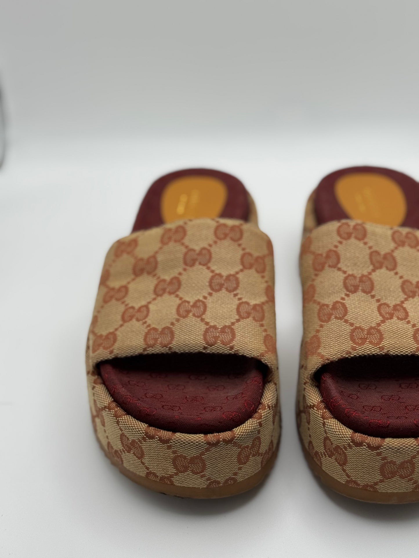GUCCI Canvas GG Monogram Angelina Platform Slide Sandals 36 Beige Ruggine