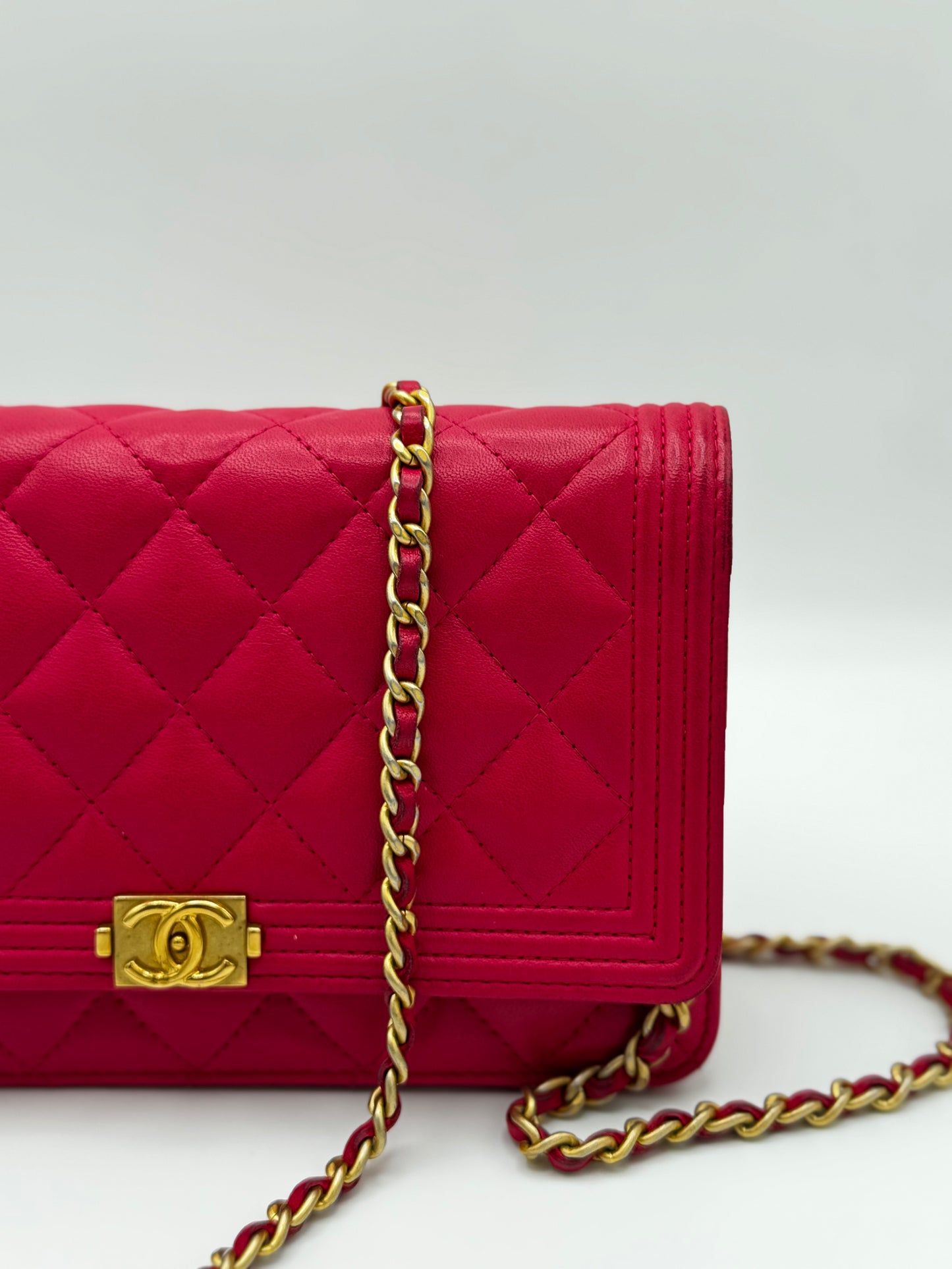Chanel Boy Lambskin Wallet On Chain Pink Gold Metal