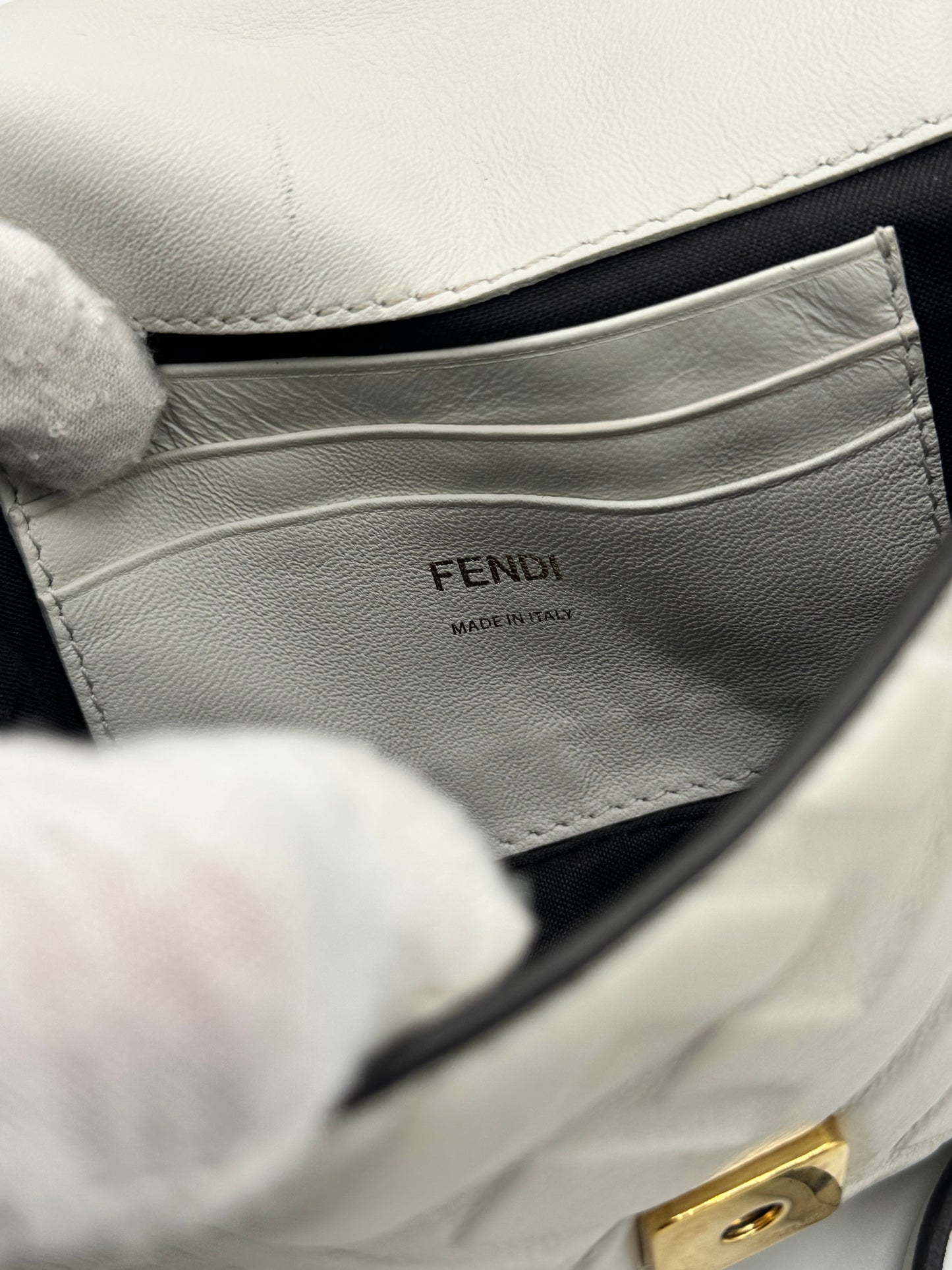 Fendi Nappa FF Embossed Mini Baguette White