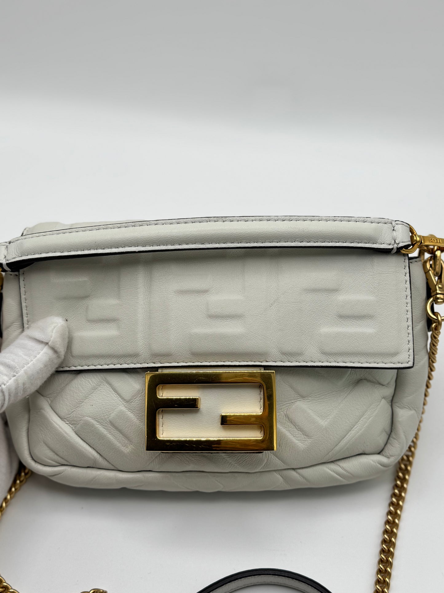Fendi Nappa FF Embossed Mini Baguette White