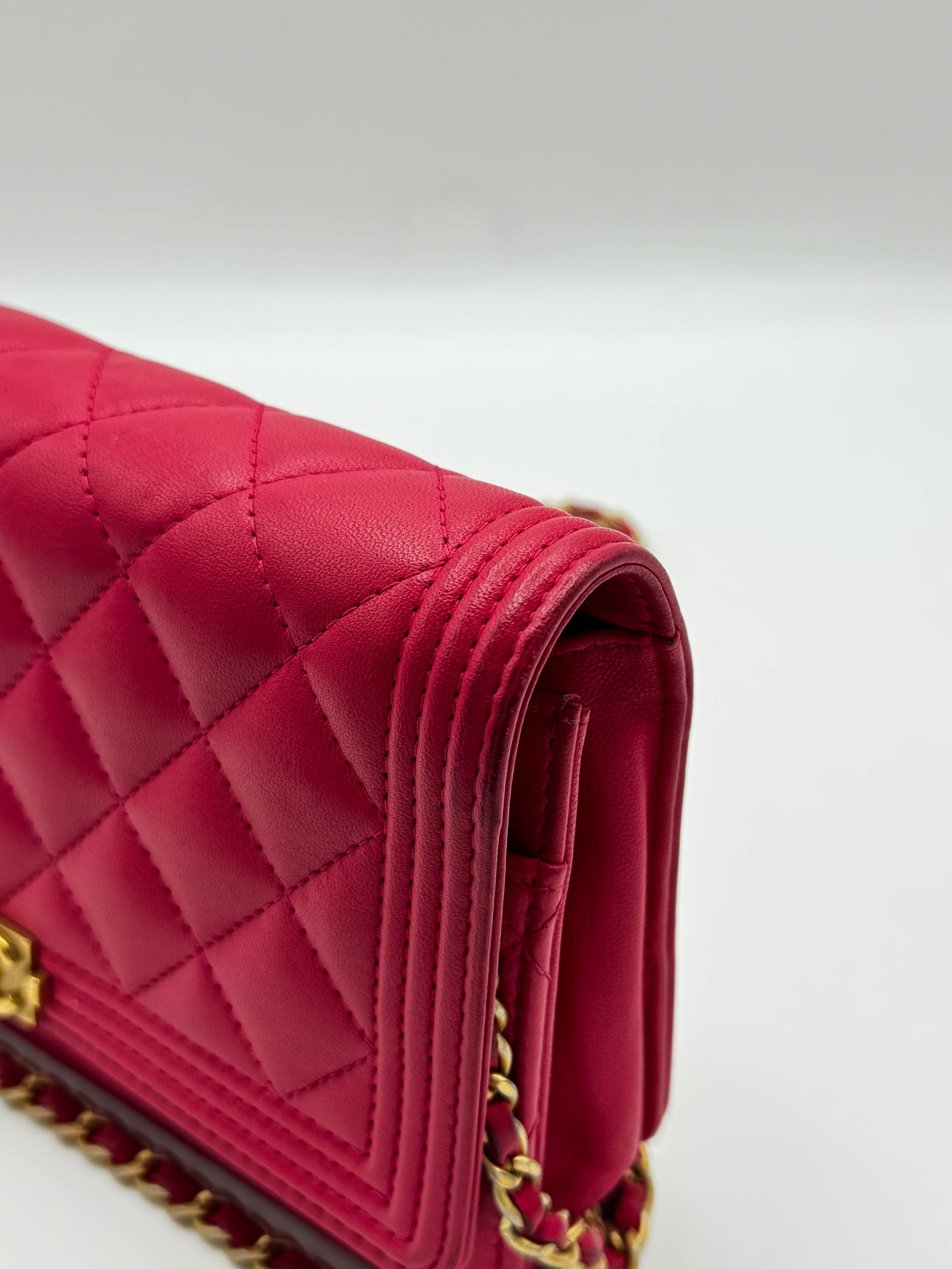 Chanel Boy Lambskin Wallet On Chain Pink Gold Metal