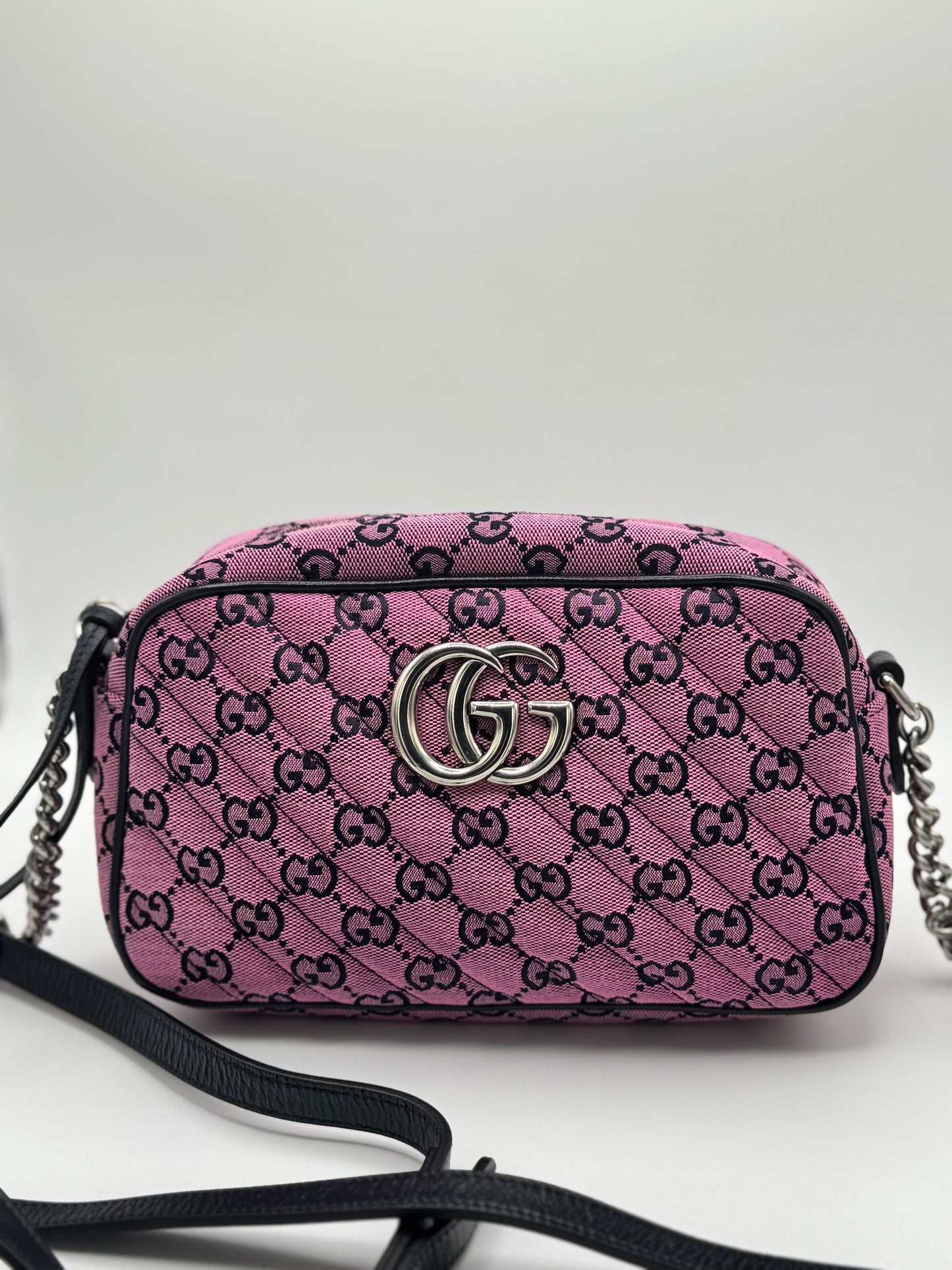 Gucci Monogram Multicolor Matelasse Diagonal Small GG Marmont Chain Shoulder Bag Pink Blue