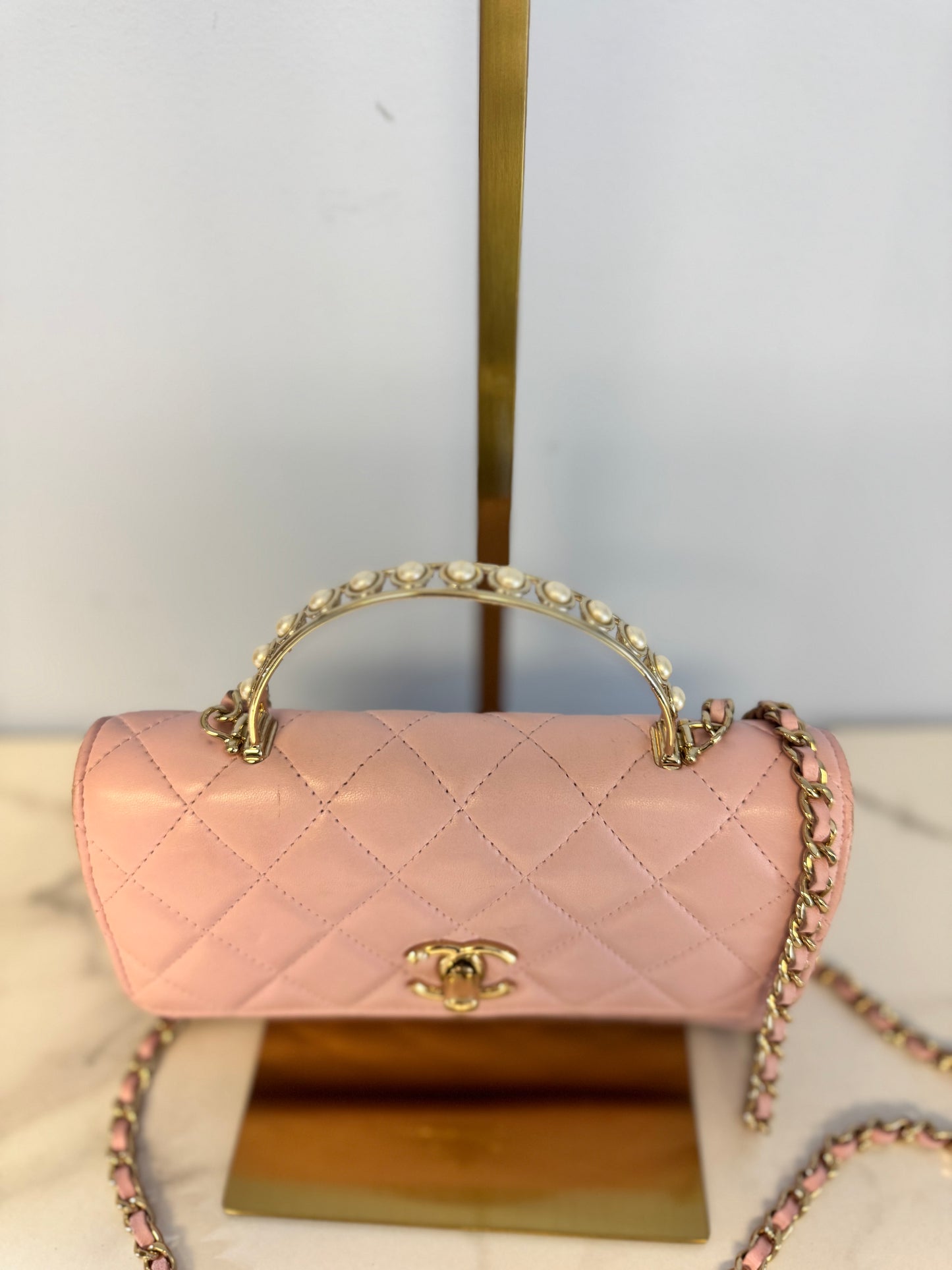 Chanel Lambskin Pearl Top Handle Wallet On Chain WOC Light Pink