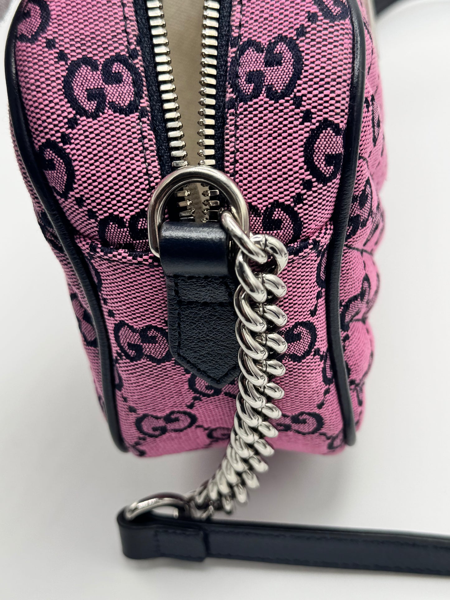 Gucci Monogram Multicolor Matelasse Diagonal Small GG Marmont Chain Shoulder Bag Pink Blue