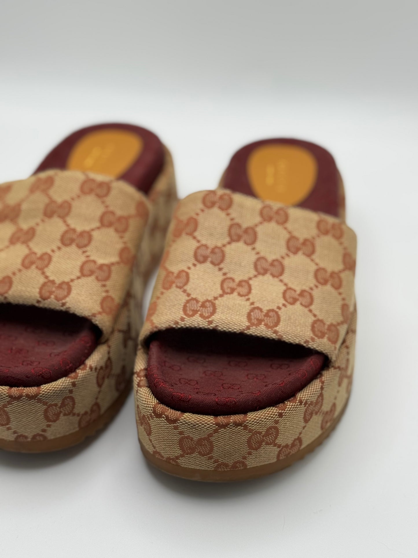 GUCCI Canvas GG Monogram Angelina Platform Slide Sandals 36 Beige Ruggine