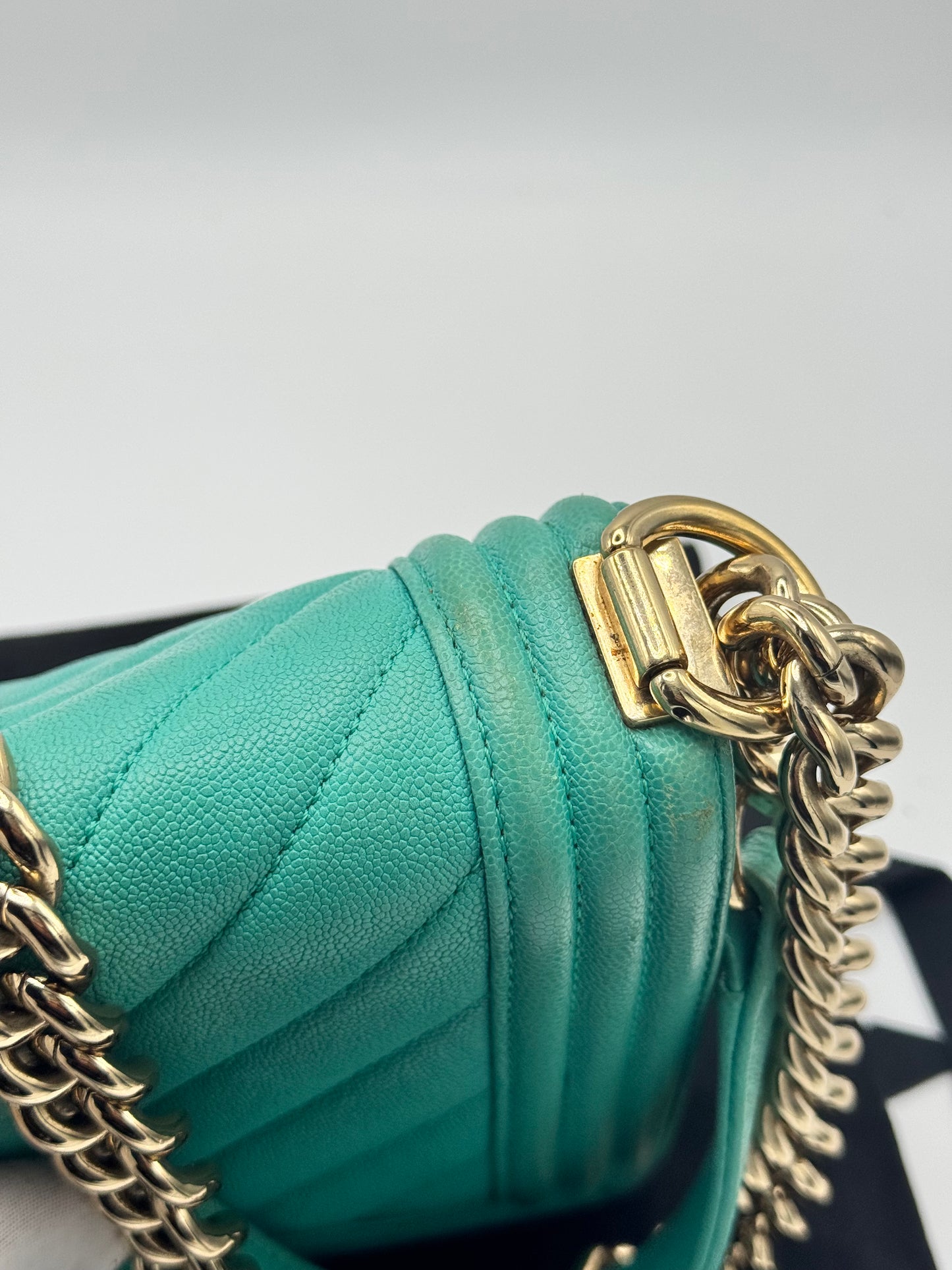 Chanel Caviar Chevron Quilted Medium Boy Flap Turquoise