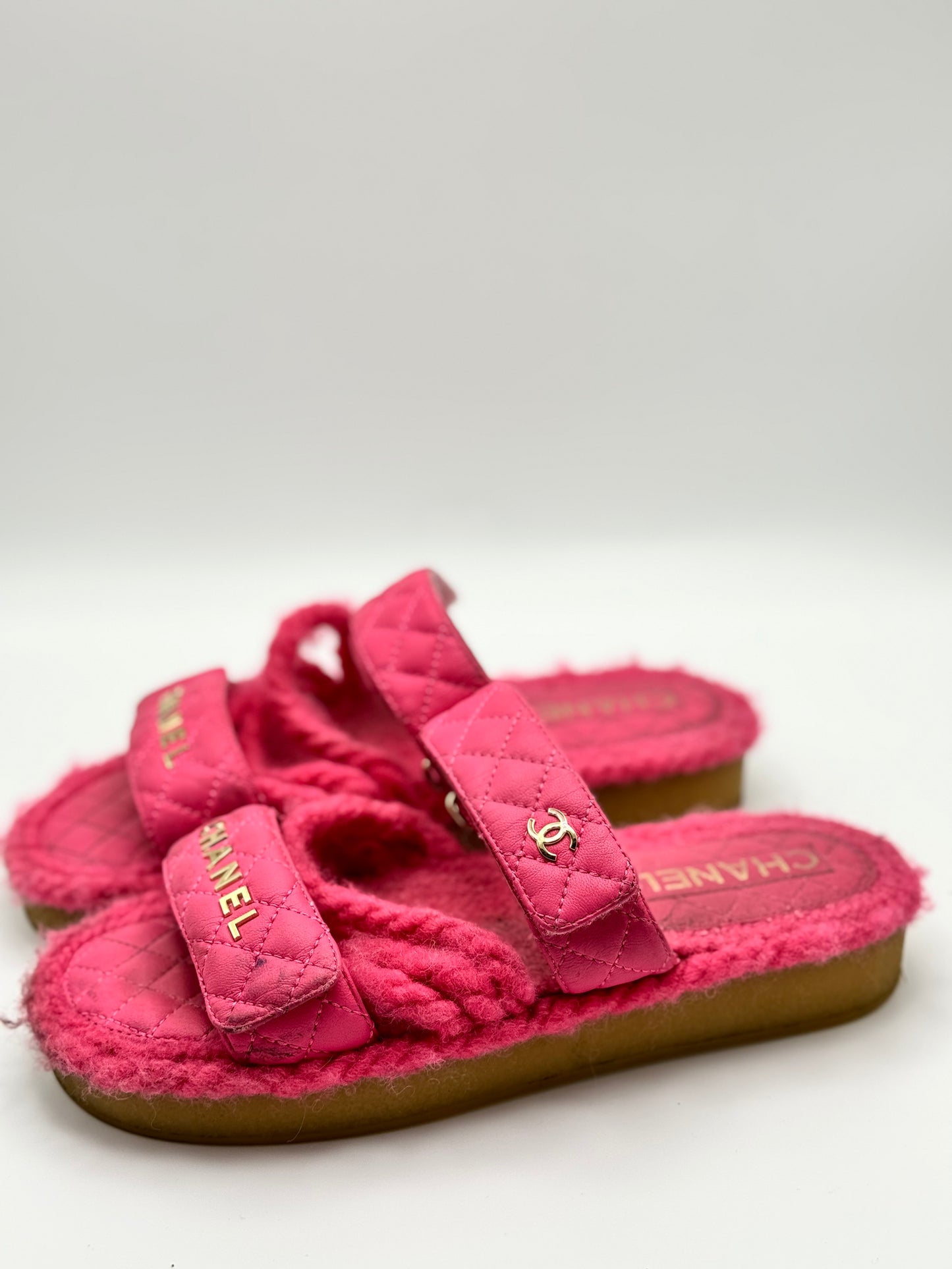 Chanel Cord Lambskin Quilted Logo Sandals 37 Pink