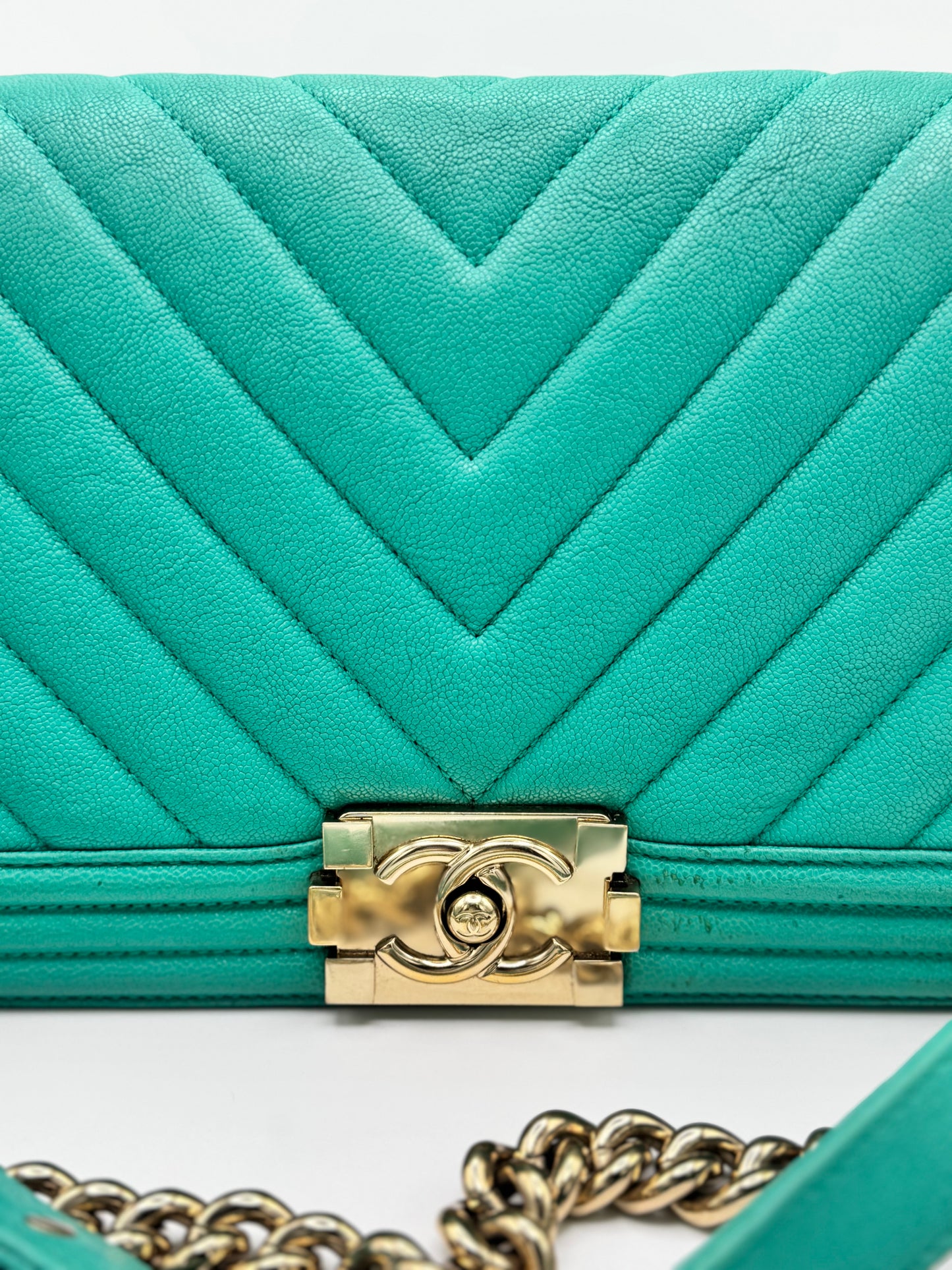 Chanel Caviar Chevron Quilted Medium Boy Flap Turquoise