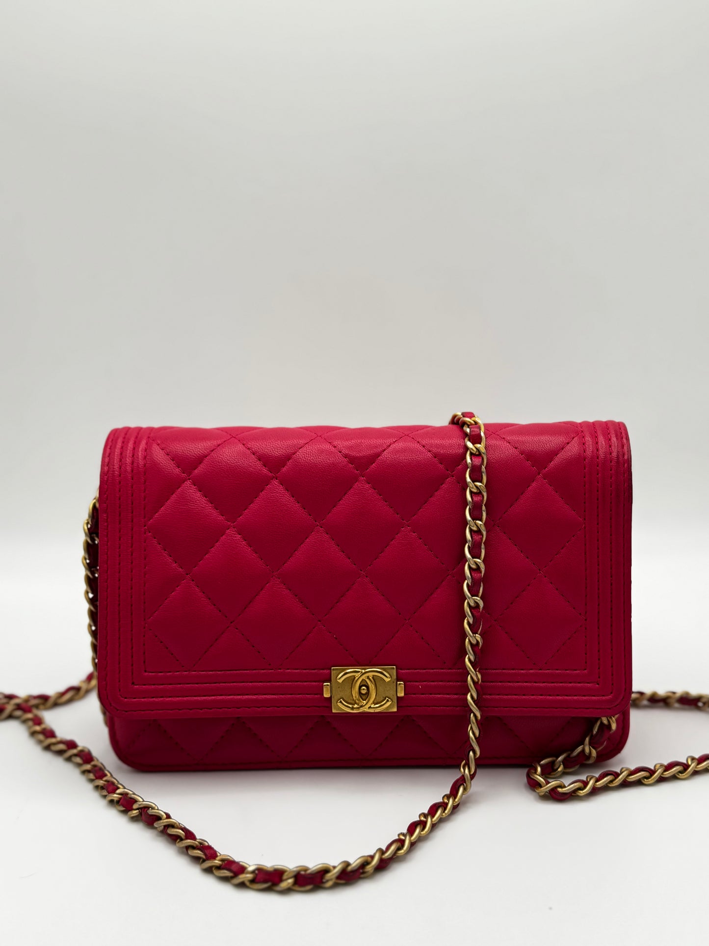 Chanel Boy Lambskin Wallet On Chain Pink Gold Metal