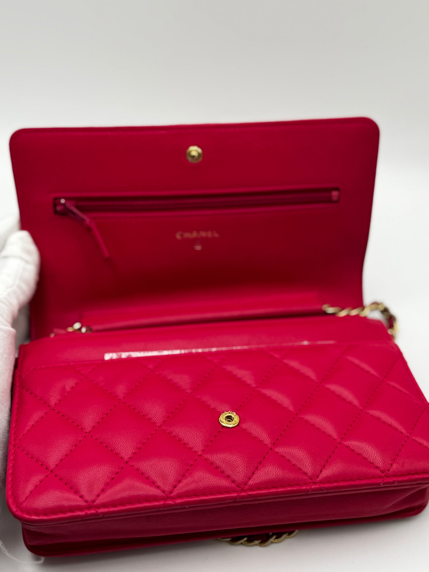Chanel Boy Lambskin Wallet On Chain Pink Gold Metal