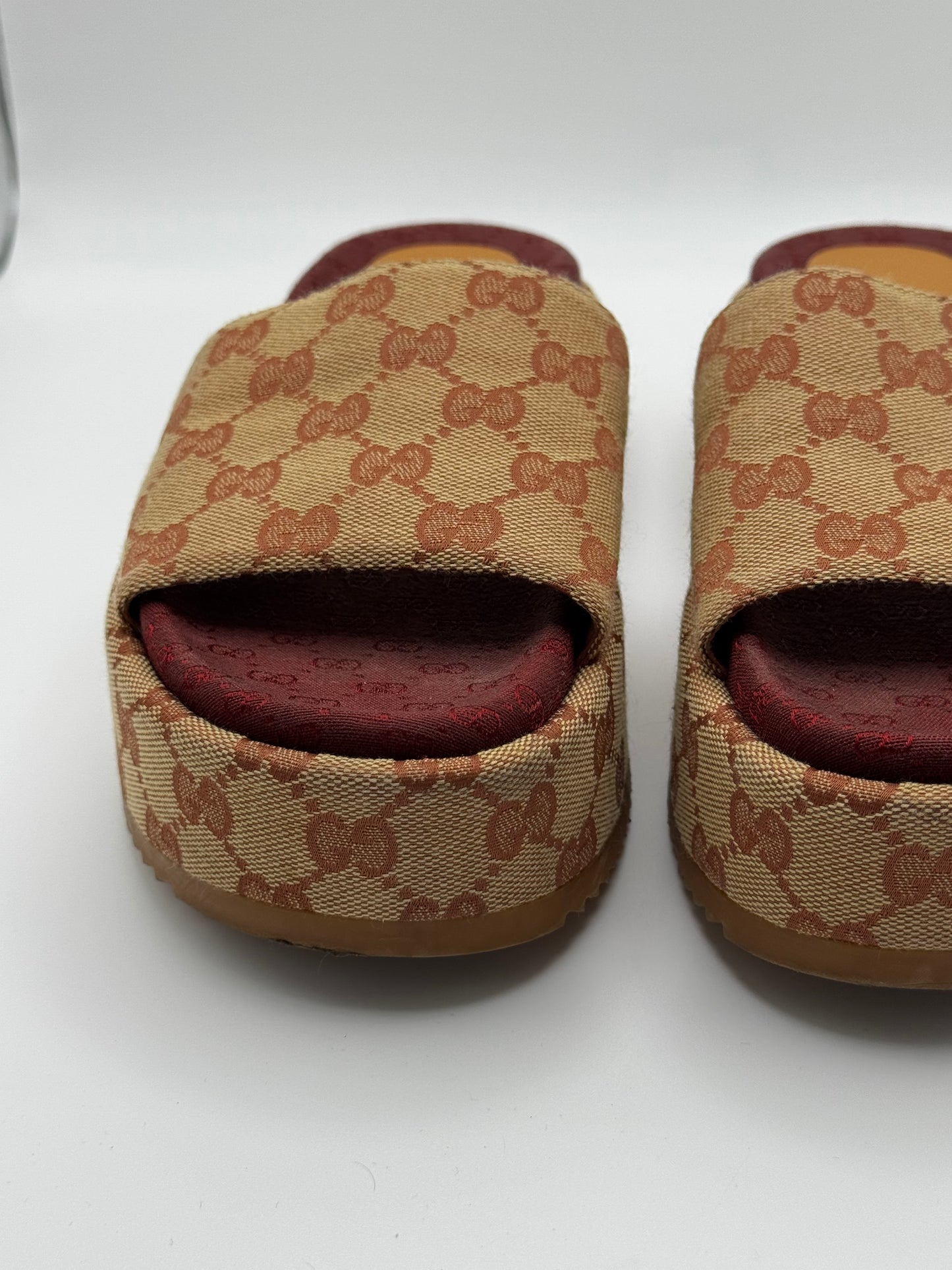 GUCCI Canvas GG Monogram Angelina Platform Slide Sandals 36 Beige Ruggine