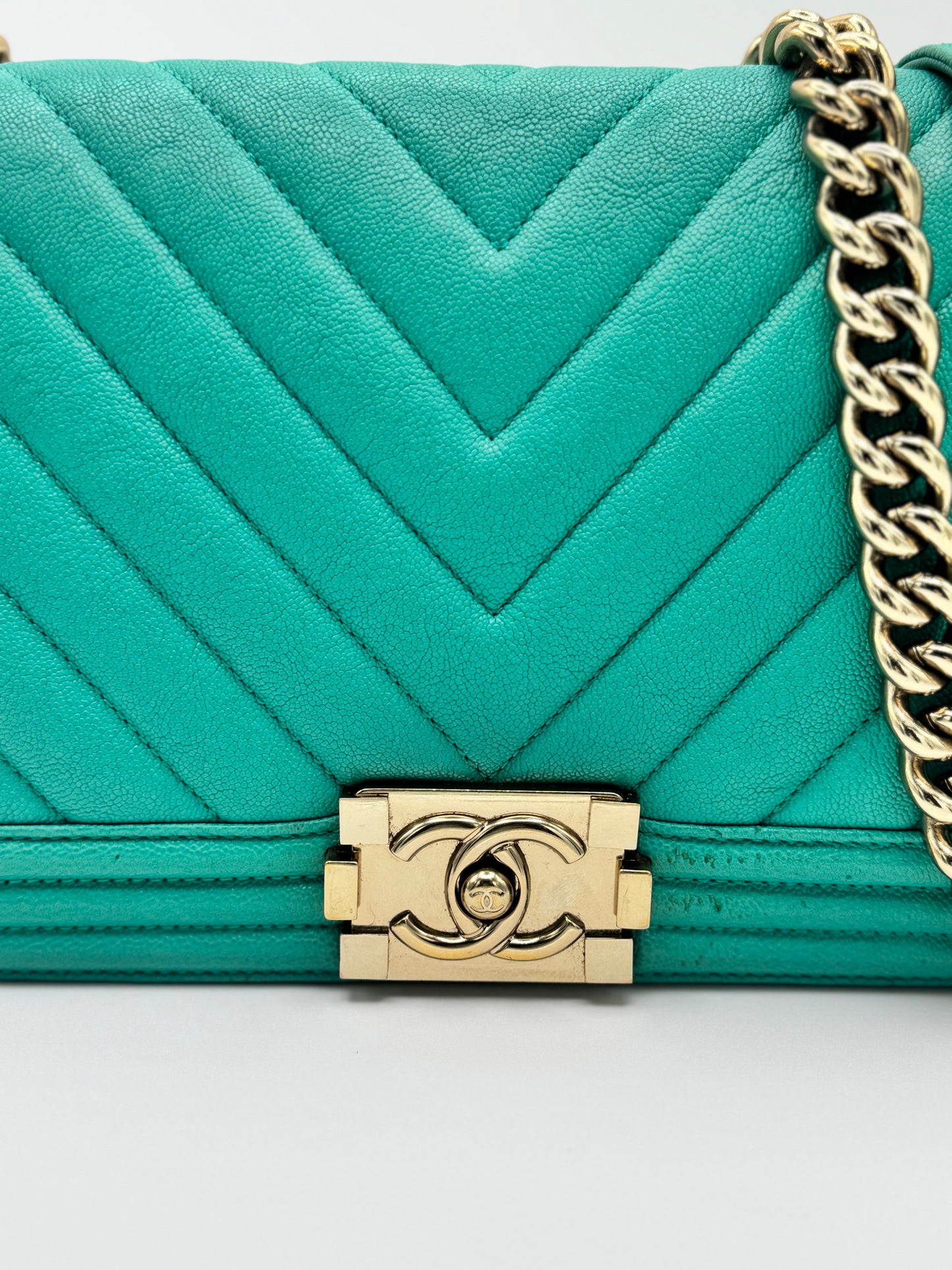 Chanel Caviar Chevron Quilted Medium Boy Flap Turquoise