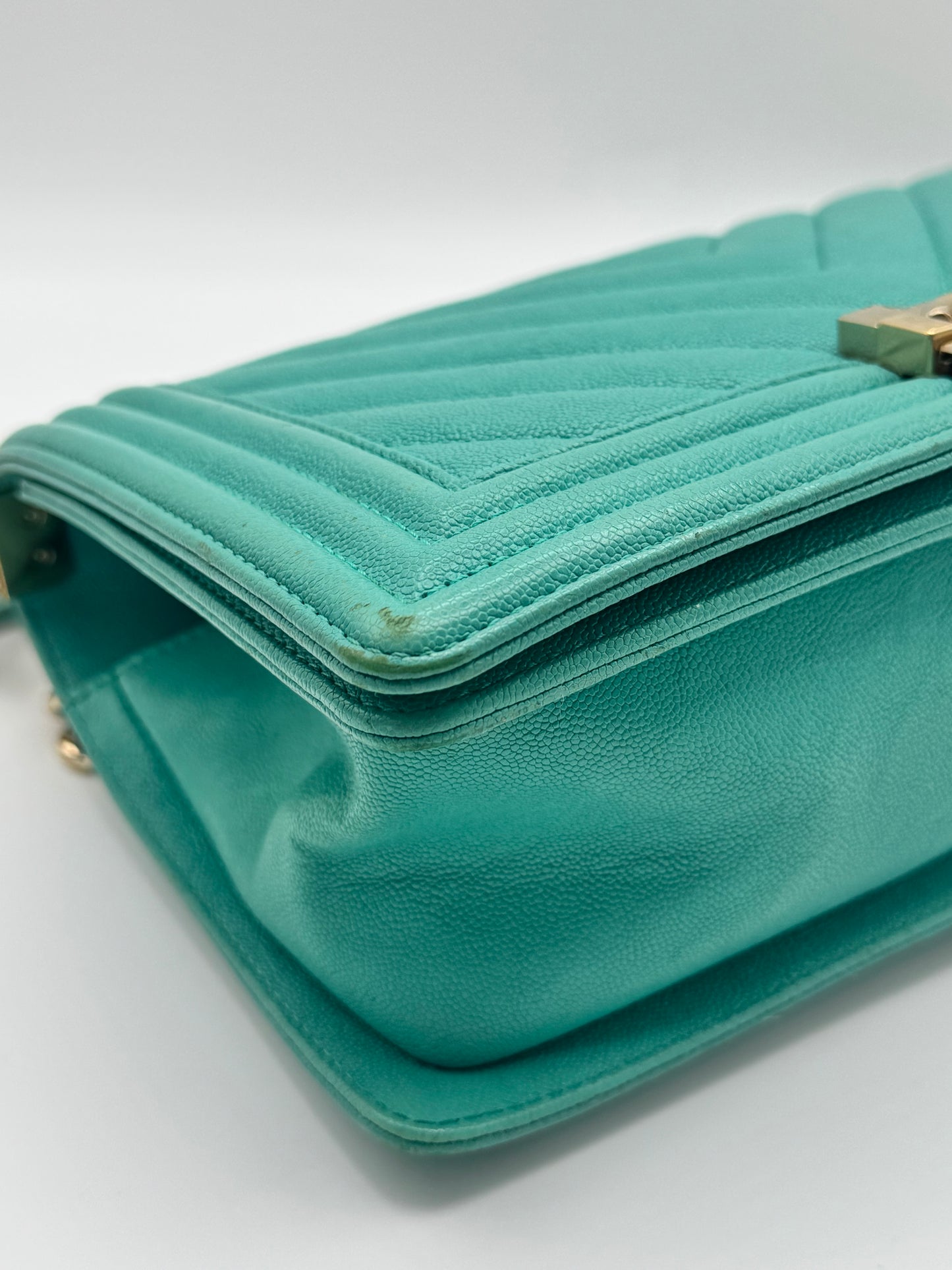 Chanel Caviar Chevron Quilted Medium Boy Flap Turquoise