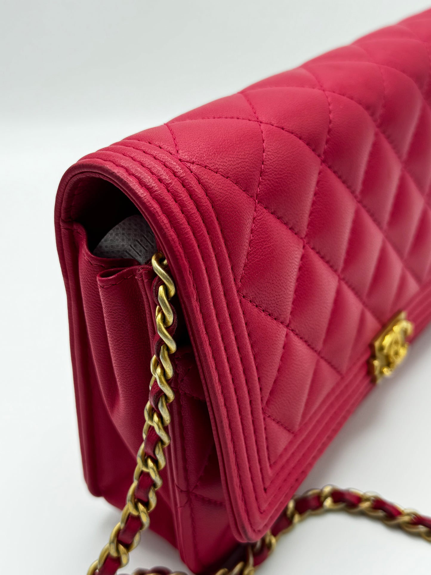 Chanel Boy Lambskin Wallet On Chain Pink Gold Metal