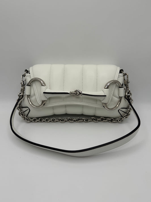 Gucci Nappa Vertical Matelasse Small Maxi Horsebit Chain Shoulder Bag Great White