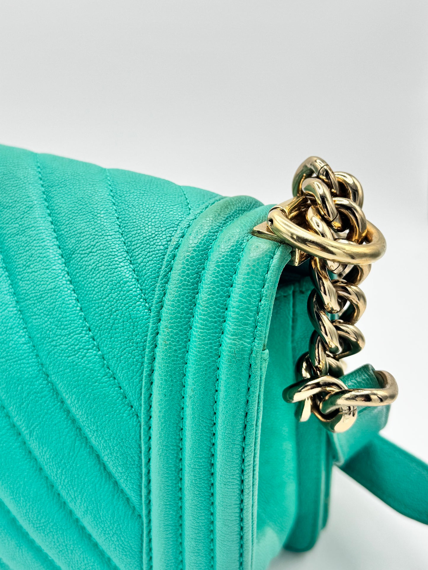 Chanel Caviar Chevron Quilted Medium Boy Flap Turquoise