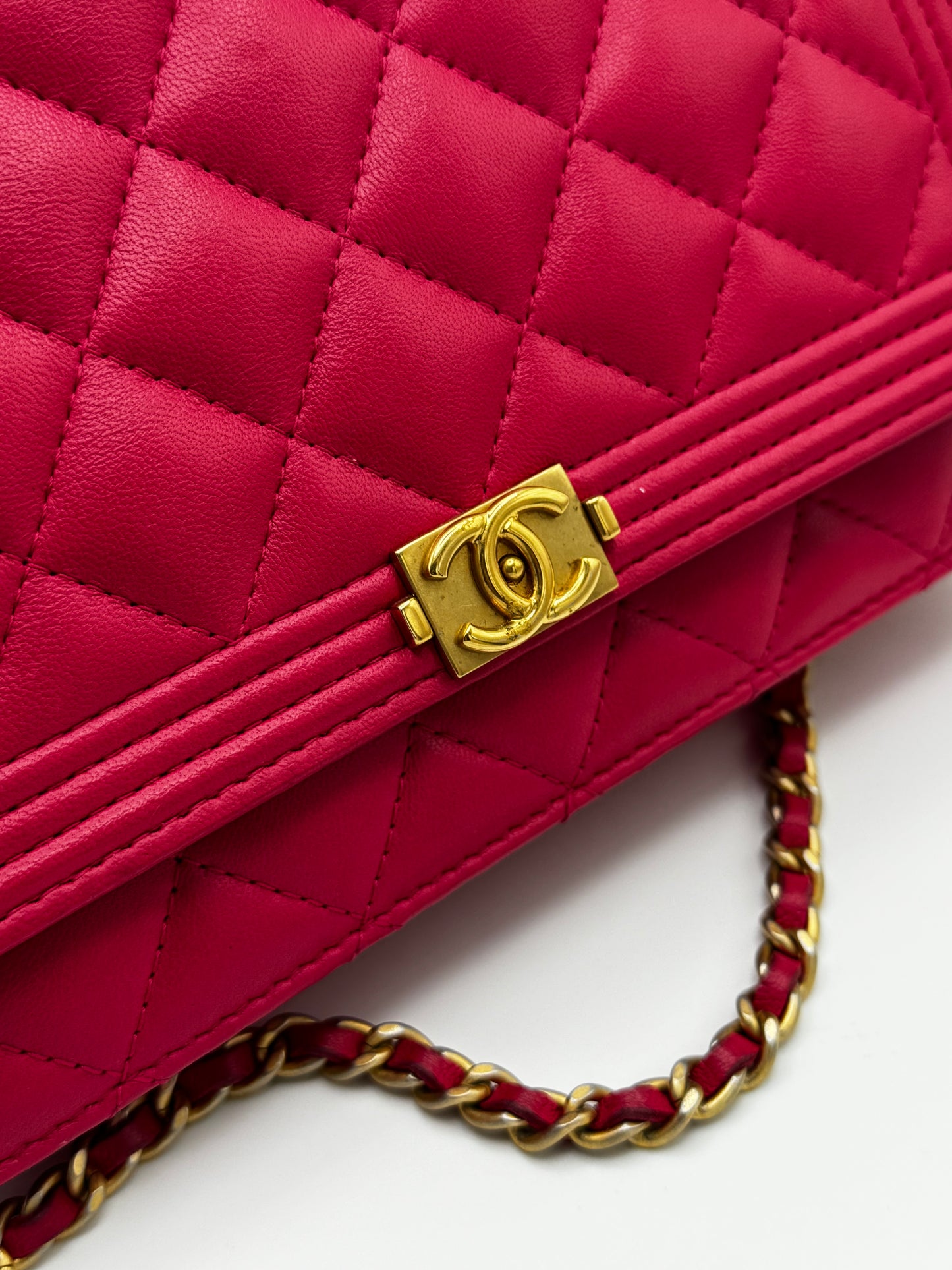 Chanel Boy Lambskin Wallet On Chain Pink Gold Metal