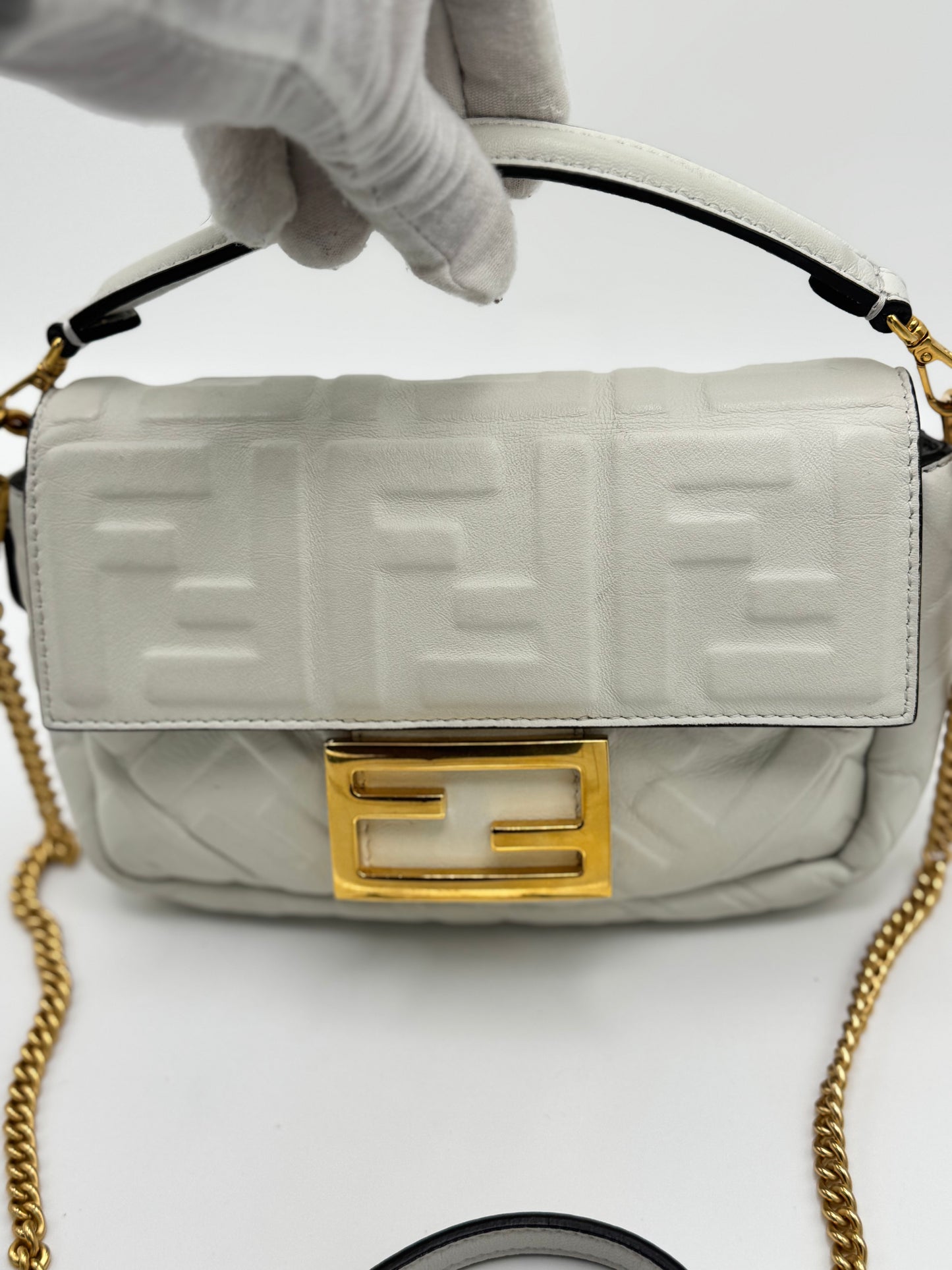 Fendi Nappa FF Embossed Mini Baguette White