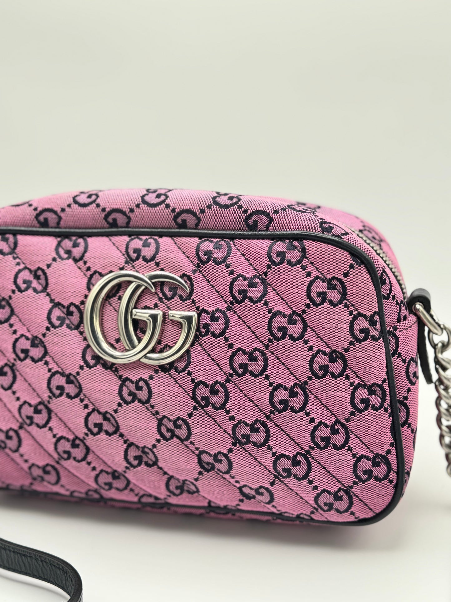 Gucci Monogram Multicolor Matelasse Diagonal Small GG Marmont Chain Shoulder Bag Pink Blue