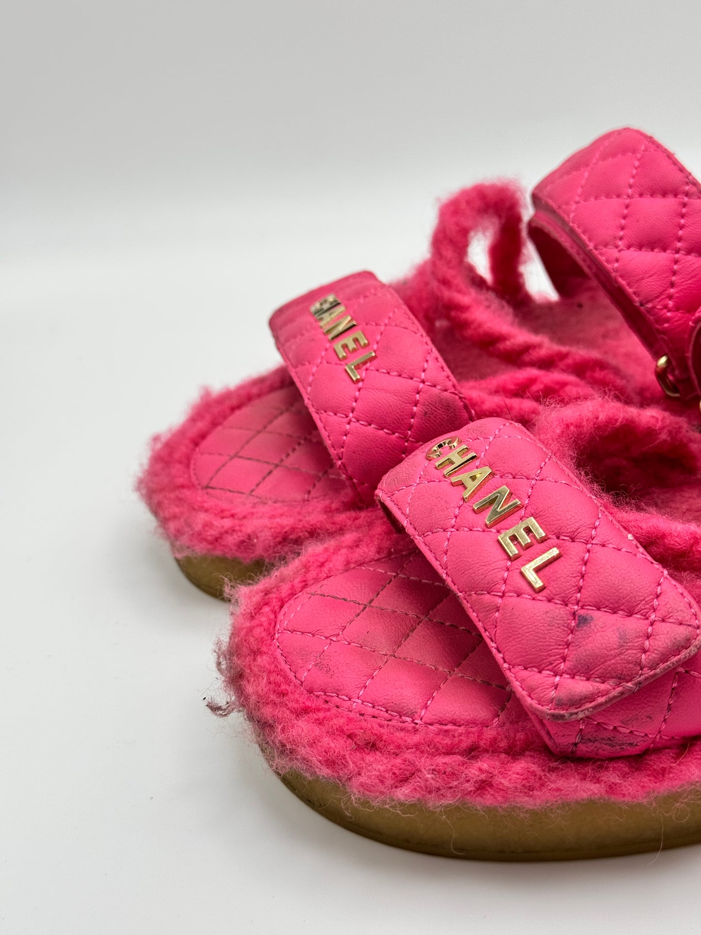 Chanel Cord Lambskin Quilted Logo Sandals 37 Pink