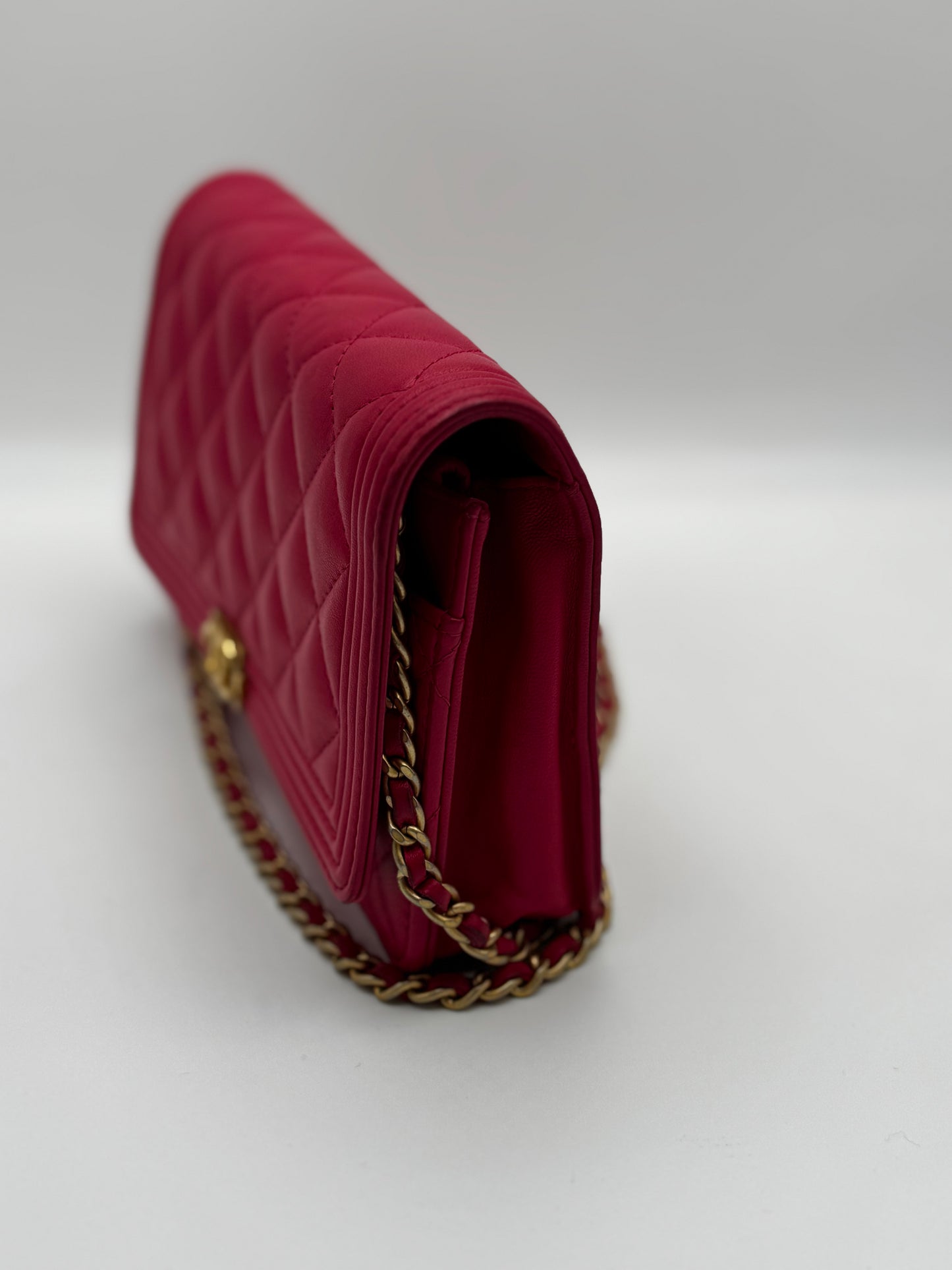 Chanel Boy Lambskin Wallet On Chain Pink Gold Metal