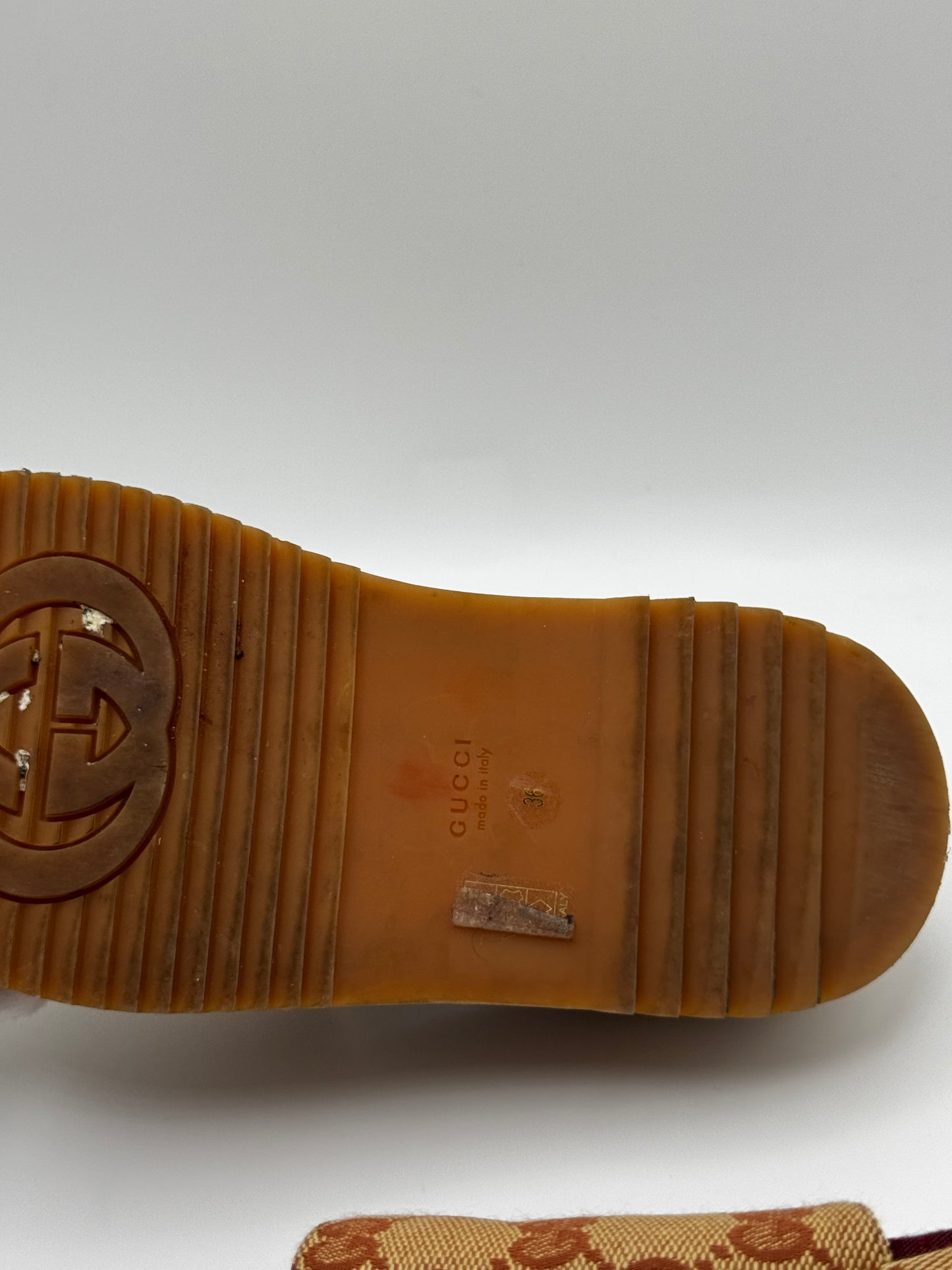 GUCCI Canvas GG Monogram Angelina Platform Slide Sandals 36 Beige Ruggine