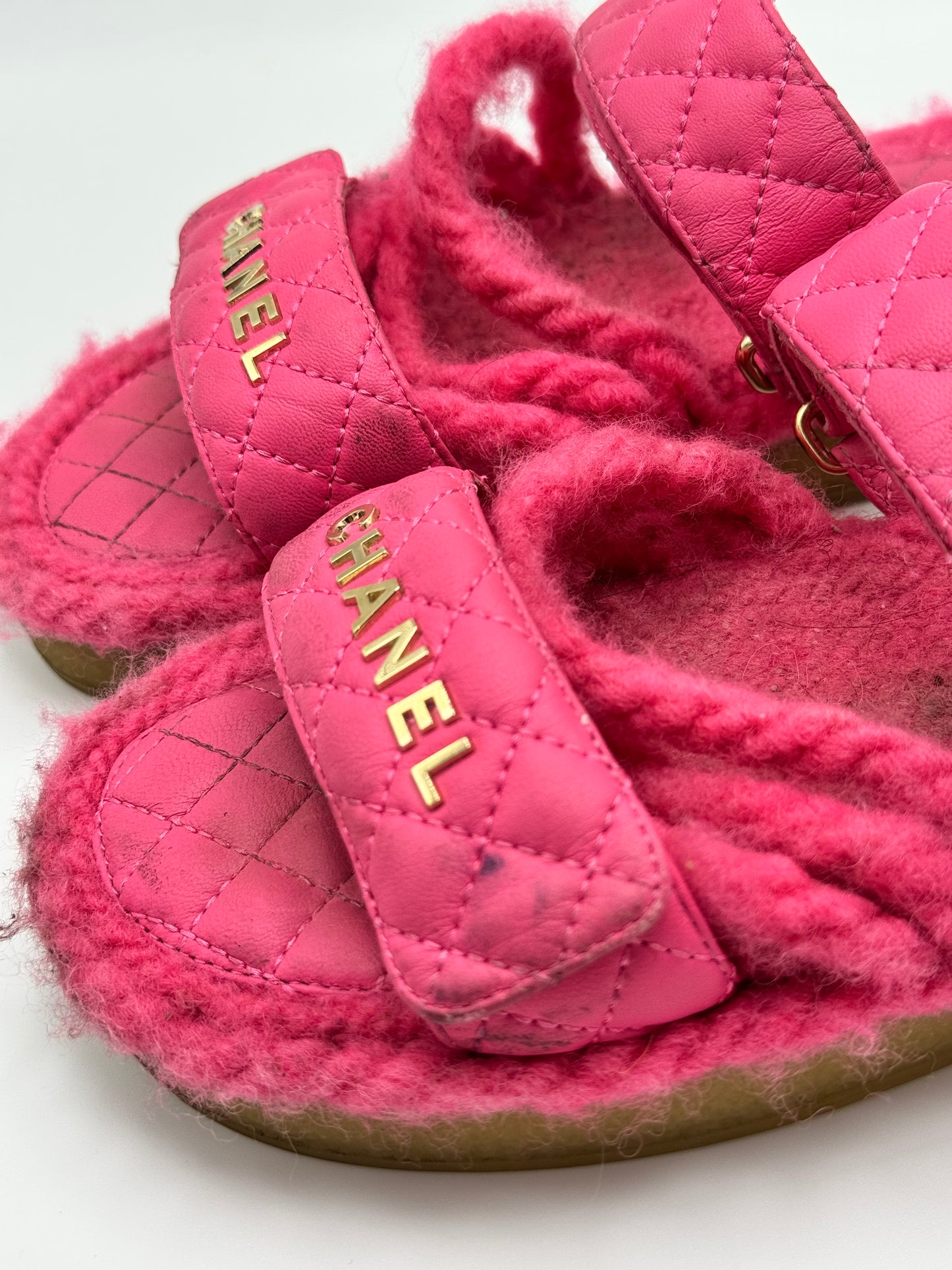 Chanel Cord Lambskin Quilted Logo Sandals 37 Pink