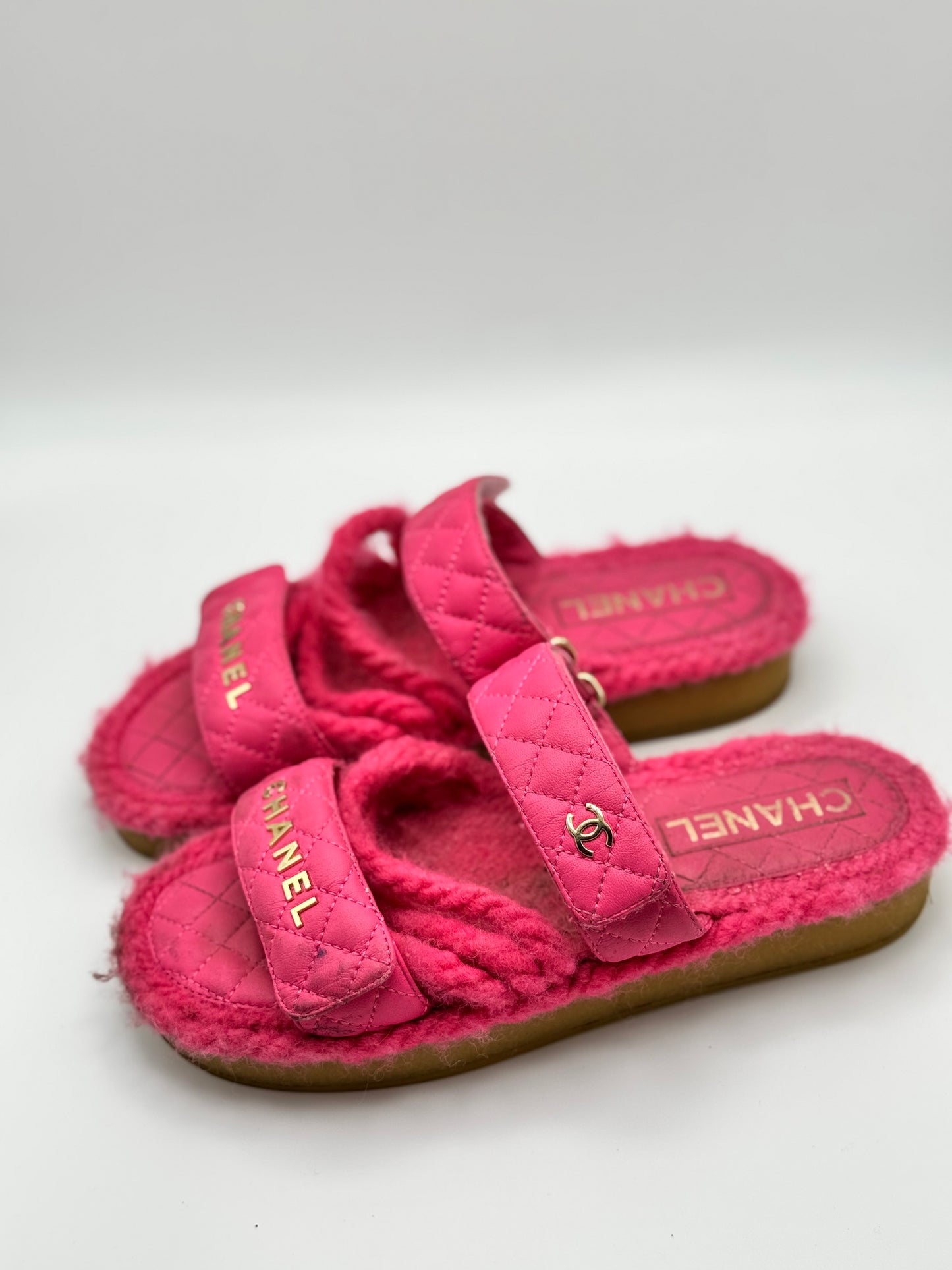 Chanel Cord Lambskin Quilted Logo Sandals 37 Pink