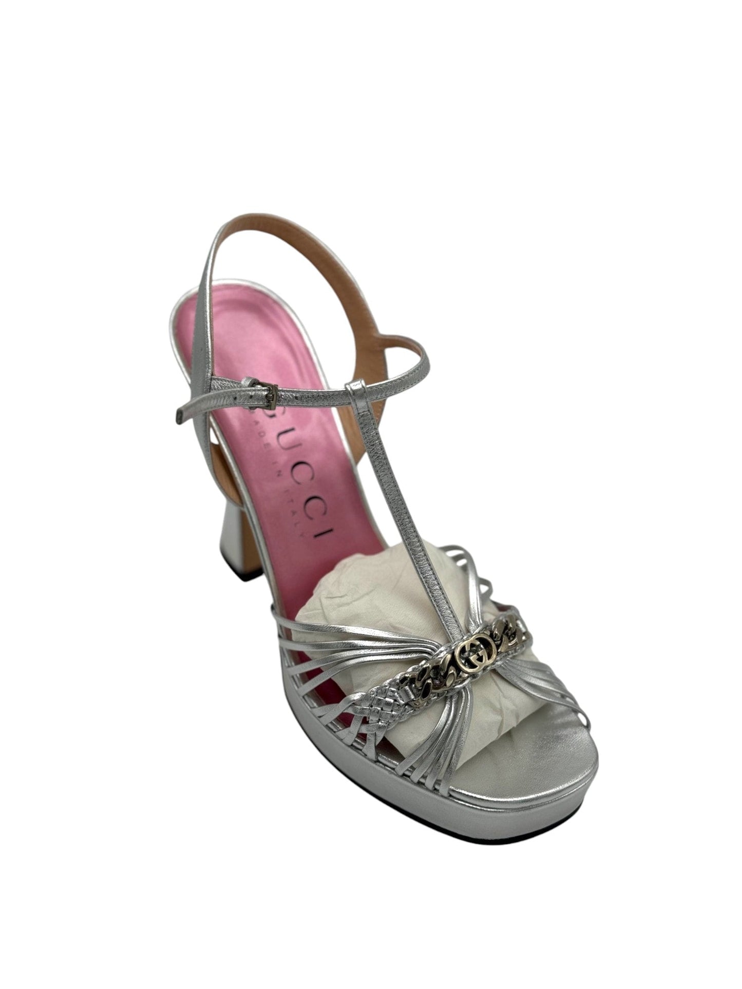 Gucci Chain Interlocking Silver Heels (39) | Designerfindsforless
