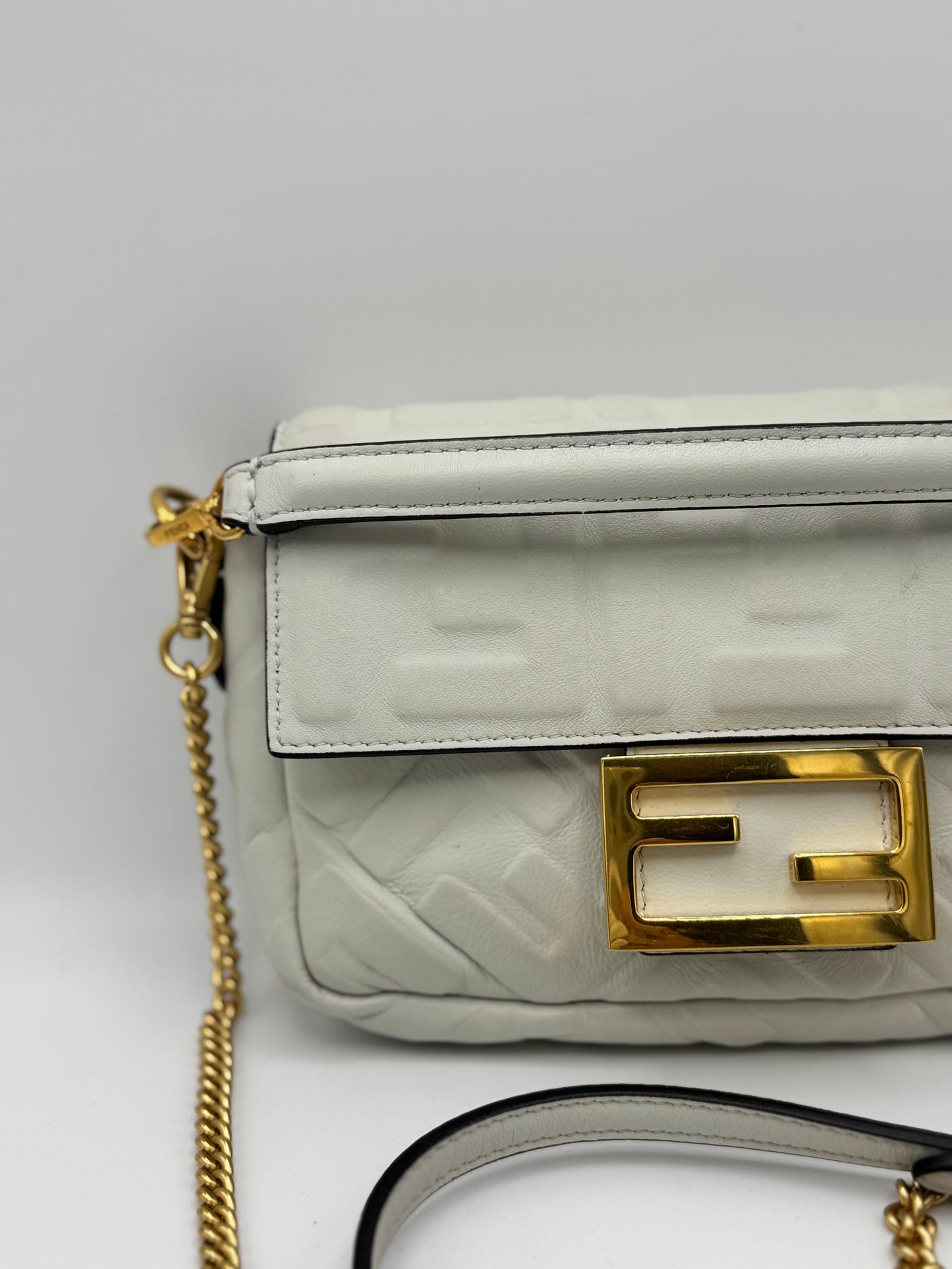 Fendi Nappa FF Embossed Mini Baguette White