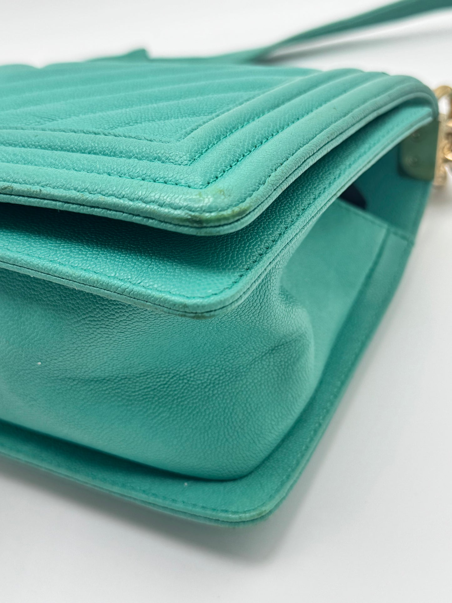 Chanel Caviar Chevron Quilted Medium Boy Flap Turquoise