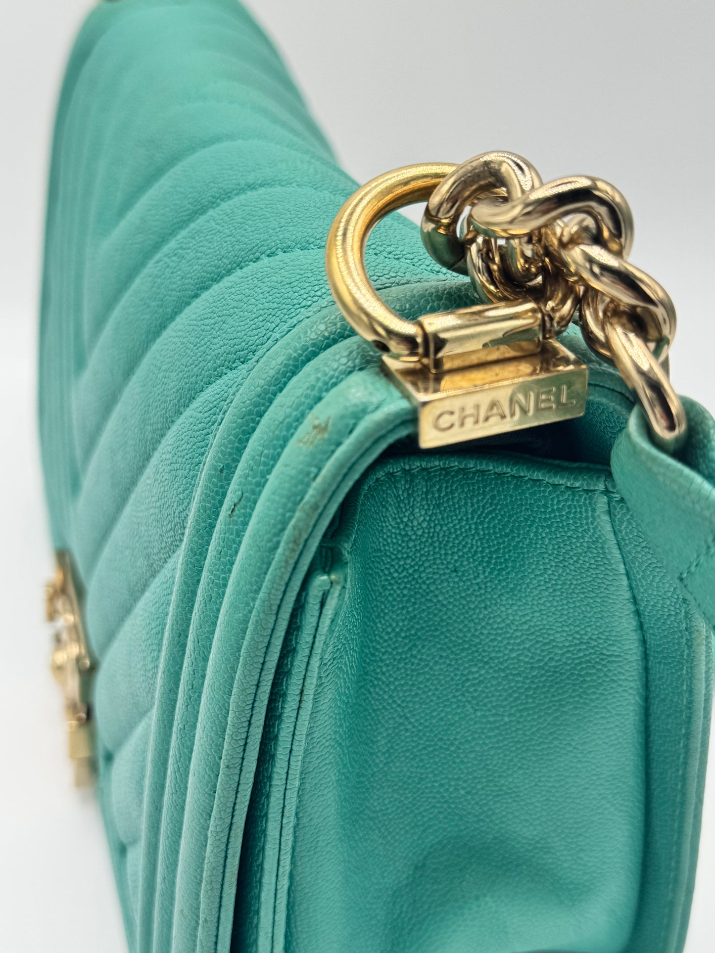 Chanel Caviar Chevron Quilted Medium Boy Flap Turquoise