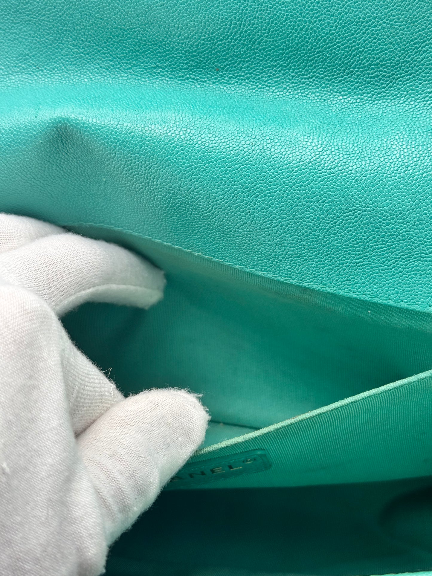 Chanel Caviar Chevron Quilted Medium Boy Flap Turquoise
