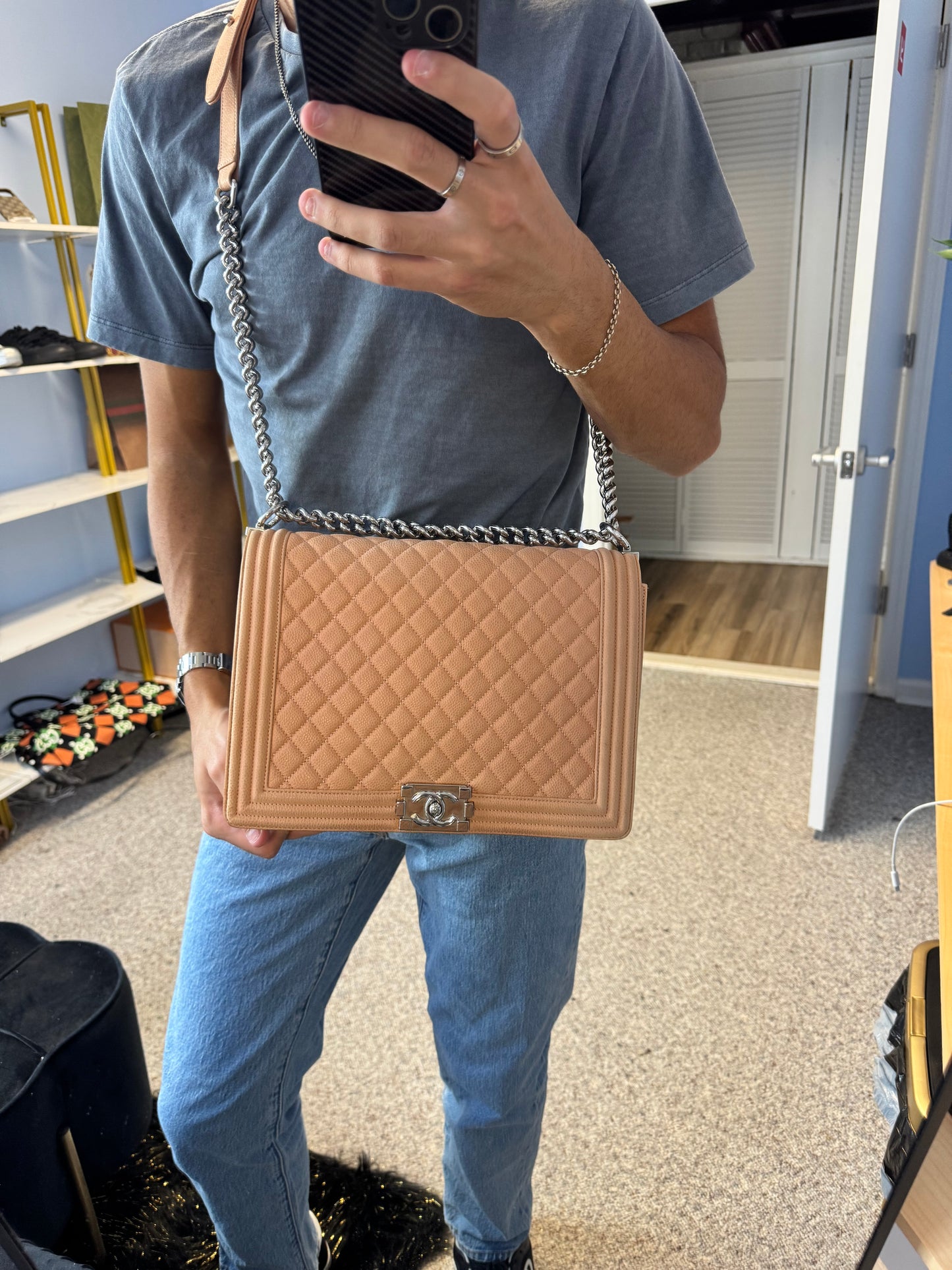 Chanel Caviar Large Neutral Boy Bag Silver Hardware