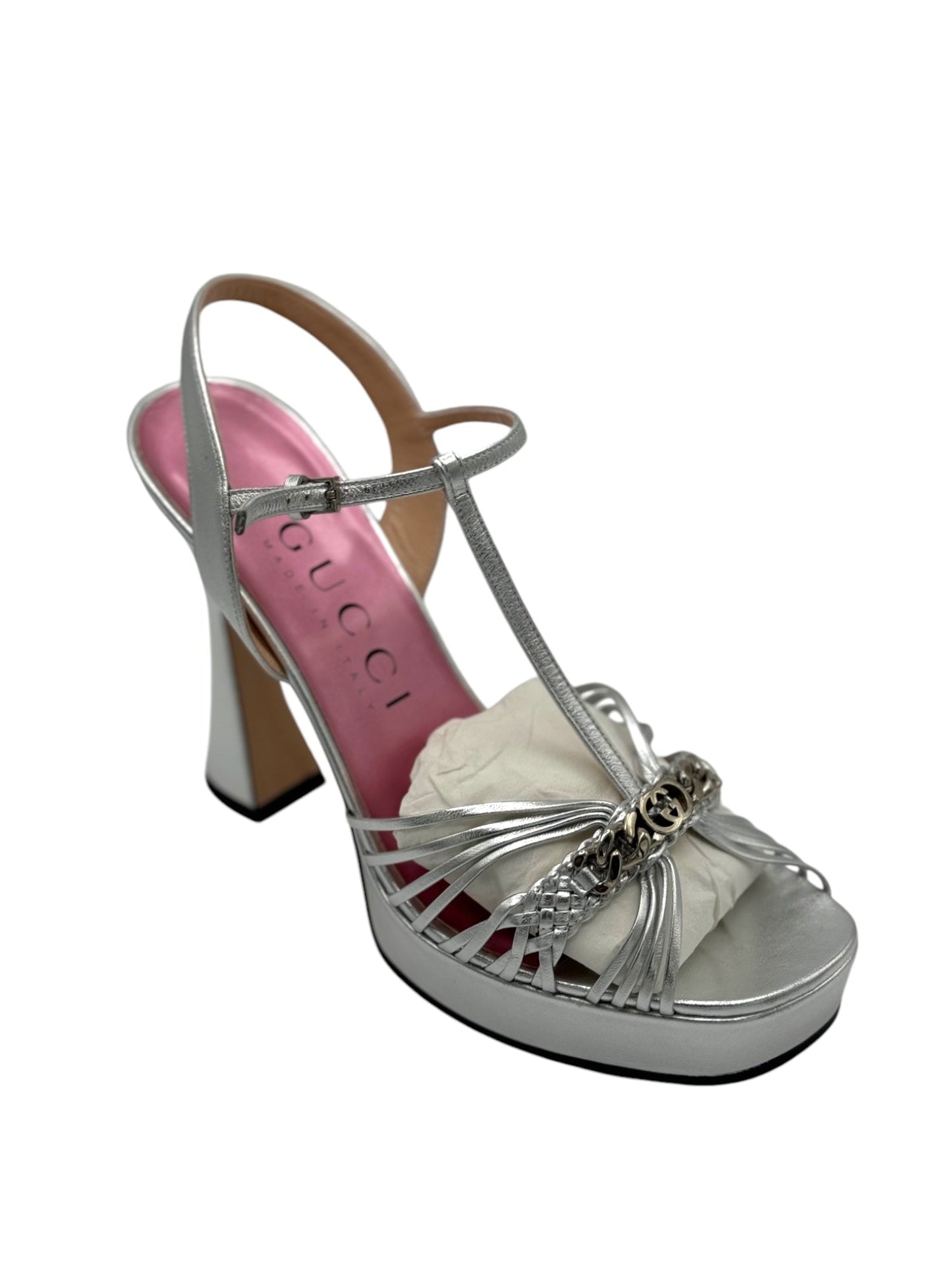 Gucci Chain Interlocking Silver Heels (39) | Designerfindsforless
