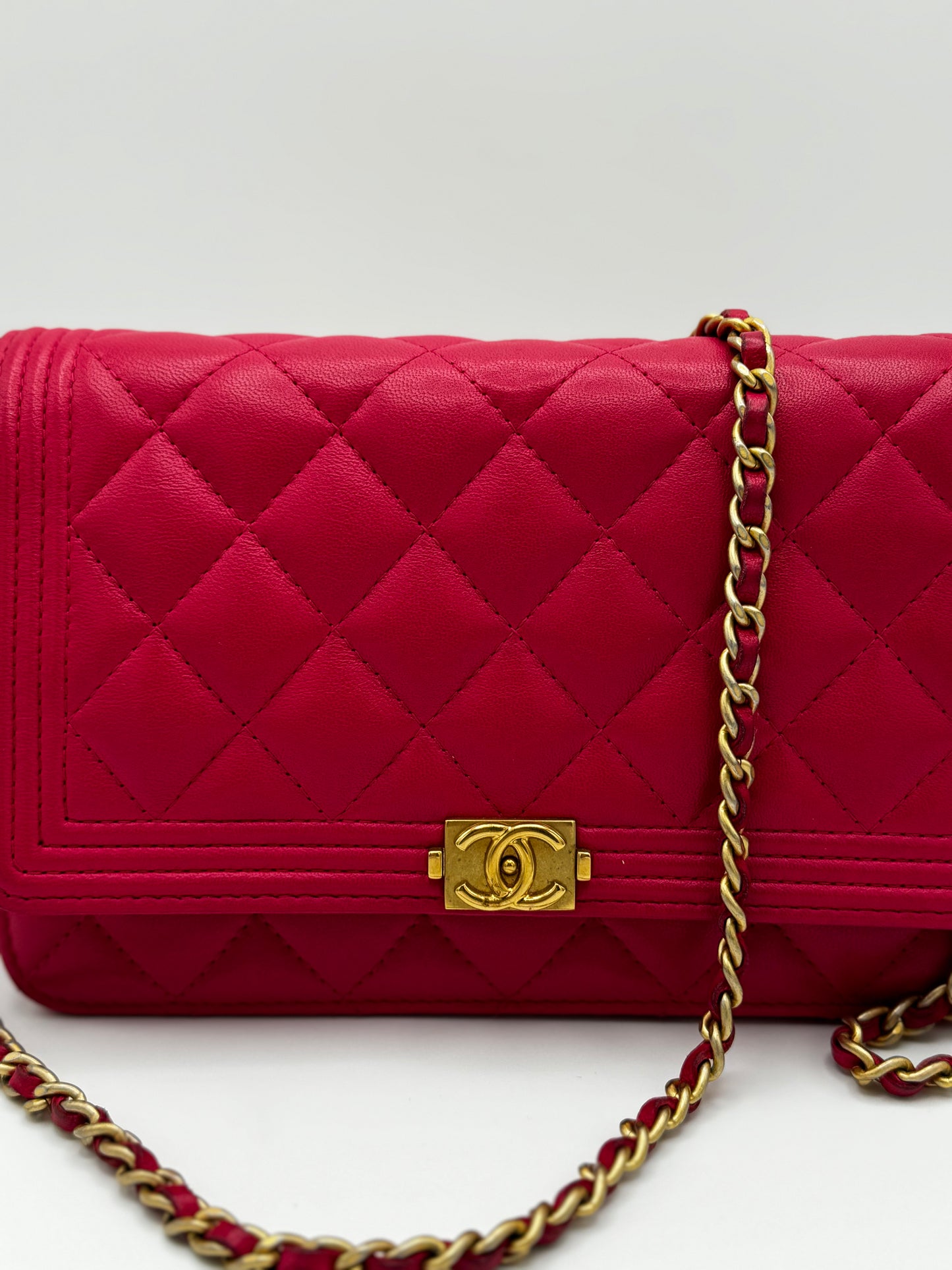 Chanel Boy Lambskin Wallet On Chain Pink Gold Metal