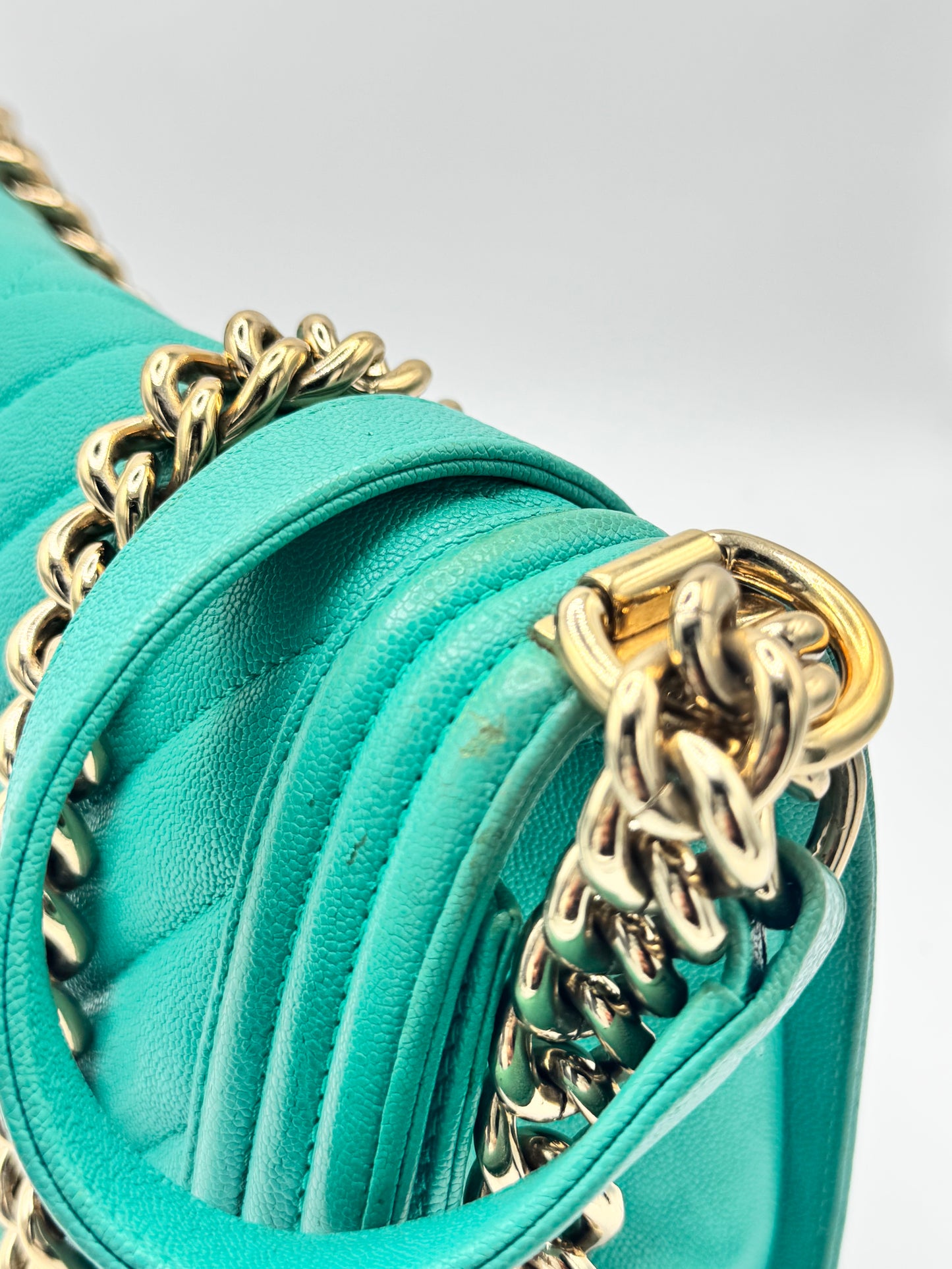 Chanel Caviar Chevron Quilted Medium Boy Flap Turquoise