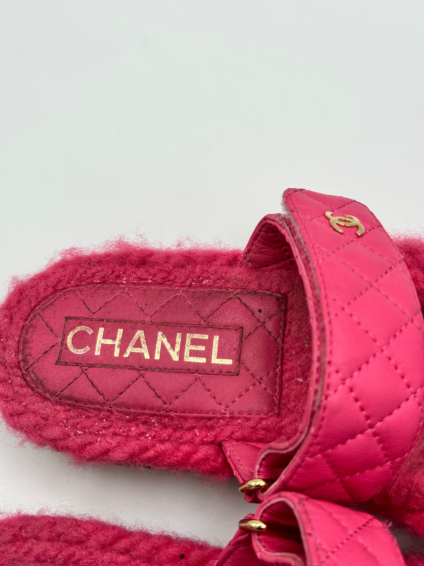 Chanel Cord Lambskin Quilted Logo Sandals 37 Pink