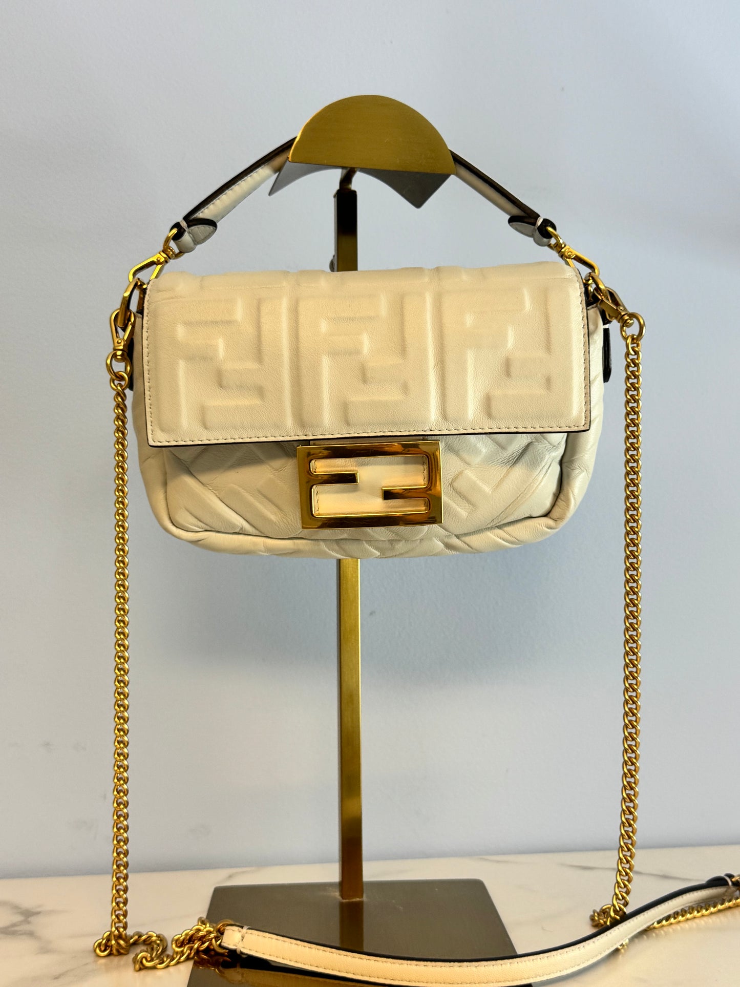 Fendi Nappa FF Embossed Mini Baguette White