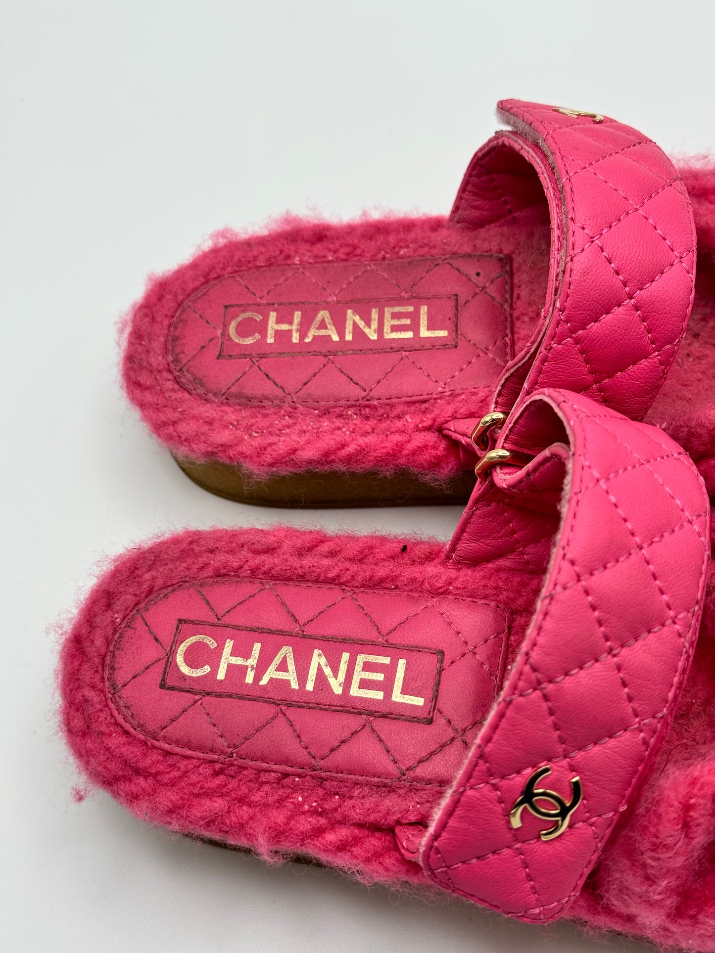 Chanel Cord Lambskin Quilted Logo Sandals 37 Pink