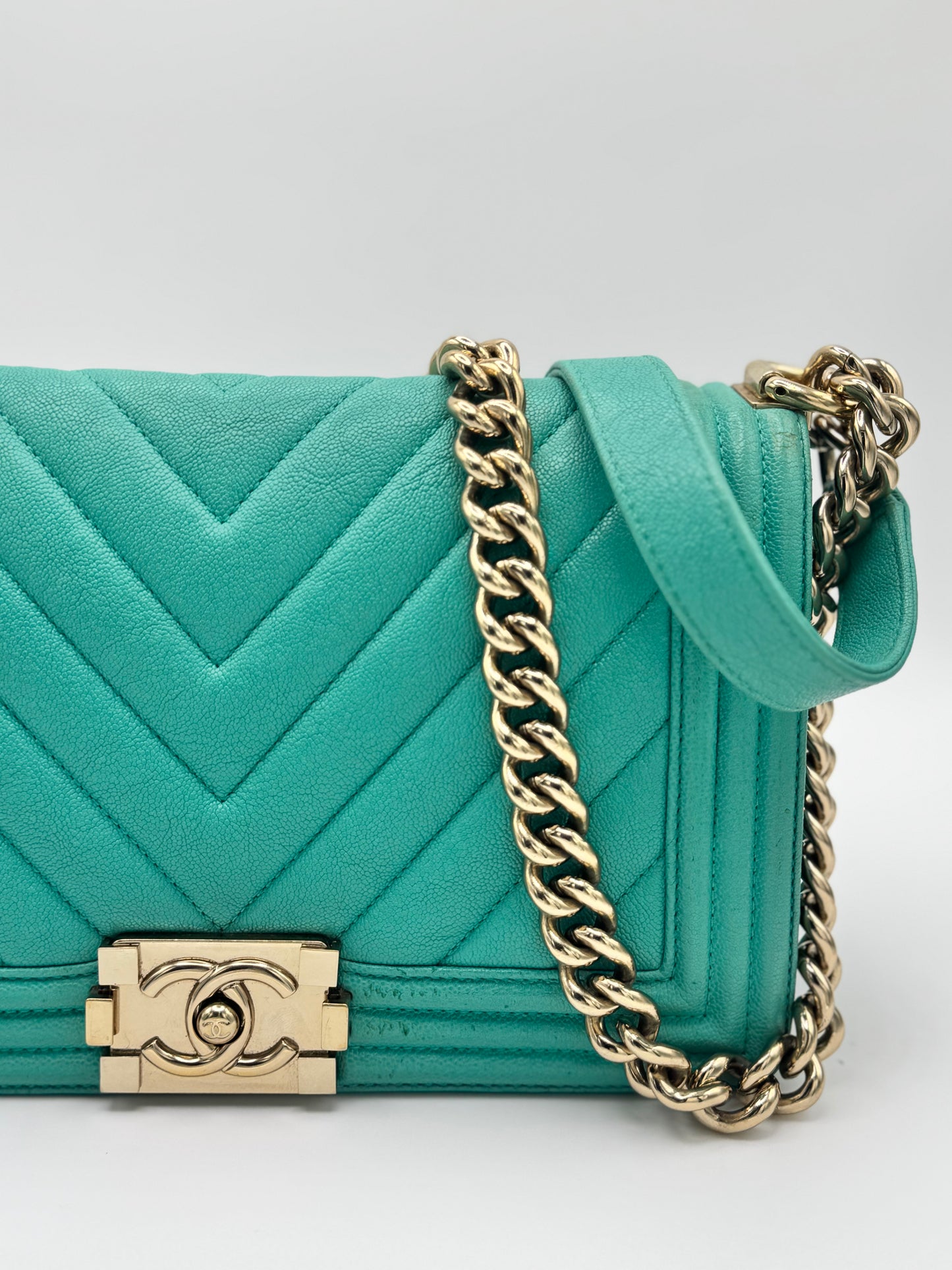 Chanel Caviar Chevron Quilted Medium Boy Flap Turquoise
