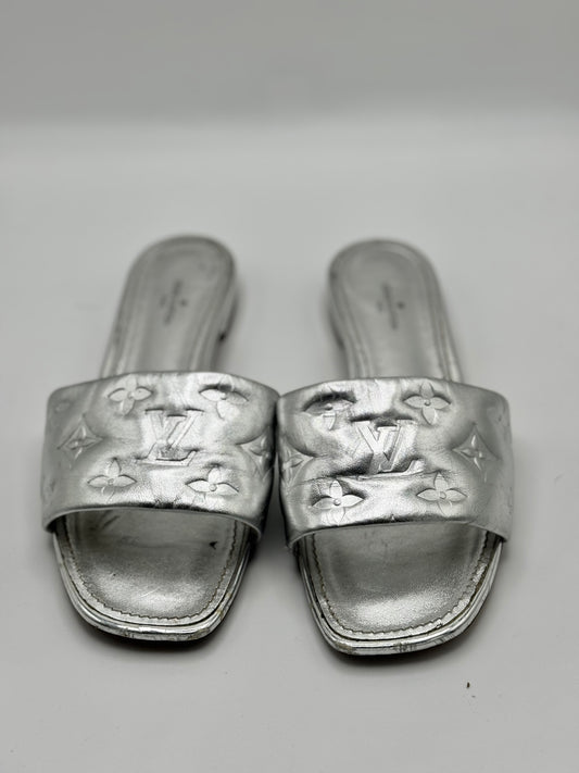 Louis Vuitton Silver Monogram Embossed Leather Revival Flat Slides 37.5